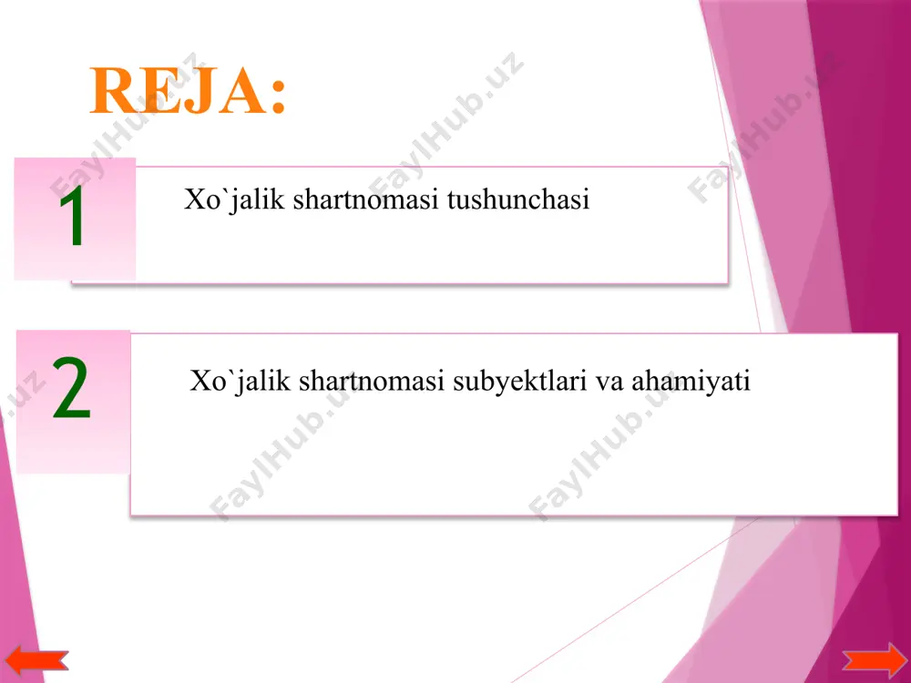 majburiyatlarini buzganlik uchun javobgarlik. xo`jalik yurituvchi subyektlar o`rtasidagi xo`jalik shartnomalarini tuzish, bajarish, o`zgartirish va bekor qilish vaqtida yuzaga keladigan munosabatlar o`zbekiston respublikasining fuqarolik kodeksi va “xo`jalik yurituvchi subyektlar faoliyatining shartnomaviy-huquqiy bazasi to`g`risida”gi qonuni va boshqa qonun hujjatlari bilan tartibga solinadi. xo`jalik shartnomasi deb taraflardan biri shartlashilgan muddatda tadbirkorlik faoliyati sohasida tovarlarni berish, ishlarni bajarish yoki xizmatlar ko`rsatish majburiyatini oladigan, ikkinchi taraf esa tovarlarni, ishlarni, xizmatlarni qabul qilib olish va ularning haqini to`lash majburiyatini oladigan kelishuvga aytiladi. yuridik shaxslar, shuningdek yuridik shaxs tashkil etmagan holda tadbirkorlik faoliyatini amalga oshirayotgan jismoniy shaxslar xo`jalik shartnomalarining subyektlari (taraflari) bo`ladi. xo`jalik shartnomasi taraflari belgilangan tartibda quyidagi huquqlarga ega: xo`jalik shartnomalarini tuzish, bajarish, o`zgartirish va bekor qilish munosabati bilan zarur bo`lgan malumotnomalar va boshqa hujjatlarni so`rash va olish; xo`jalik shartnomalarini tuzish, bajarish, o`zgartirish va bekor qilish bilan bog`liq masalalar yuzasidan ekspertlarning yozma xulosalarini so`rash va olish, mutaxassislar bilan maslahatlashish; davlat organlari va boshqa organlarga, mansabdor shaxslarga …
