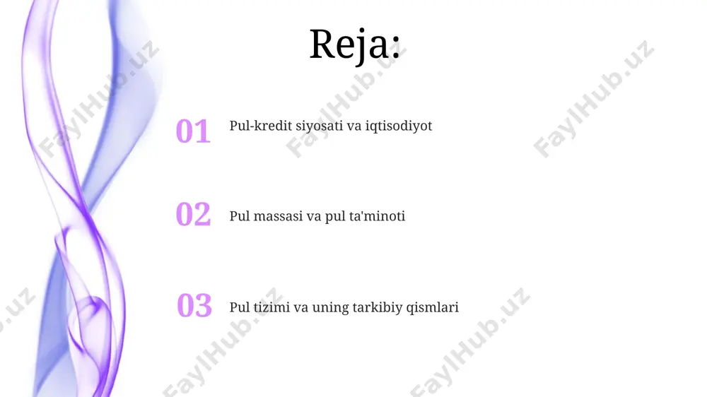 ani 5% dan past darajada ushlab turish, iqtisodiy o'sishni rag'batlantirish va 20% dan yuqori bo'lmagan darajada valyuta kursining barqarorligini ta'minlash orqali milliy iqtisodiyotning barqarorligini kafolatlaydi. inflyasiya va uning oldini olish озиқ-овқат маҳсулотлари нархларининг ўсиши инфляциянинг 30-40% гача таъсир кўрсатиши мумкин, шунинг учун таъминотни яхшилаш ва нархларни барқарорлаштириш бўйича чоралар инфляцияга қарши курашишда муҳим аҳамиятга эга. инфляцияни назорат қилишда марказий банкнинг асосий воситаси – бозор фоиз ставкасини 5-7% миқдорида сақлаш, бу инвестицияларни жалб қилиш ва иқтисодий ўсишни таъминлаш билан бирга инфляцияни бошқаришга ёрдам беради. valyuta kursi va valyuta bozori марказий банк валюта курсининг кескин ўзгаришларини олдини олиш учун интервенцияларни, яъни валюта бозорига аралашишни амалга ошириб, фоиз ставкаларини бошқаради. валюта курси бир валютанинг бошқа валютага нисбатан қийматини, масалан, 1 ақш долларининг 11 000 сўмга тенглигини билдиради ва доимий равишда ўзгариб туради. markaziy bankning roli va vazifalari markaziy bank tijorat banklariga kreditlar berish orqali, zaxira talablarini belgilash orqali va obligatsiyalar bozorida faol ishtirok …