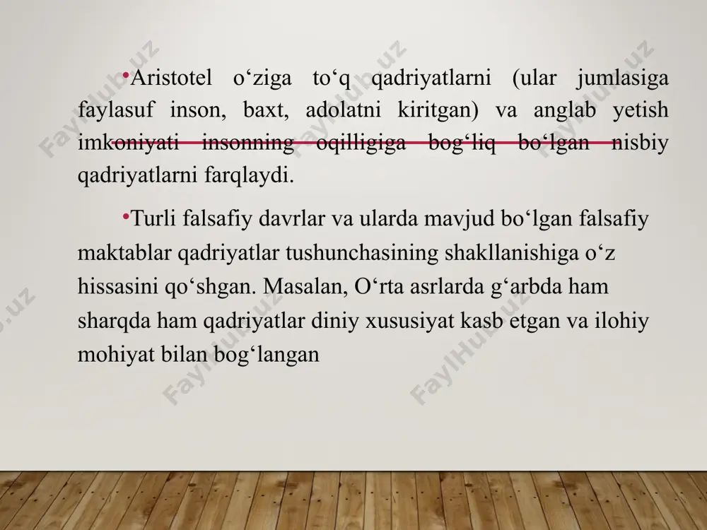 etuvchi qadriyatlar: tinchlikni saqlash, qurolsizlanish, xalqaro iqtisodiy tartib muammolari ham kiradi. umuminsoniy qadriyatlar – jamiyat va madaniyatning rivojlanishi mahsuli. sog‘liq qadriyat sifatida. inson sog‘lig‘i - qadriyatlar pillapoyasida eng yuksak pog‘onalaradan birini egallaydigan tabiiy, mutlaq va boqiy qadriyat. insonning barcha ehtiyojlarini qondirish darajasi uning sog‘lig‘i qay darajada ekanligi bilan belgilanadi. erkinlik qadriyat sifatida inson uchun ulkan ahamiyatga ega. bu kategoriyaning falsafiy talqini quyidagi ta'rifda o‘zining ayniqsa aniq ifodasini topgan: erkinlik – bu insonning ob’yektiv zaruriyatni bilishga tayangan holda o‘z manfaatlari va maqsadlariga muvofiq ish ko‘rish qobiliyatidir. erkinlik doim va hamma joyda eng buyuk qadriyat hisoblanadi. мilliy мintaqaviy umumbashariy * milliy qadriyatlar millat tarixi, o’tmishi, kelajagi va ma'naviy merosi millatning genofondi, tabiiy betakrorligi, o’ziga xosligi, tarixiy o’zgaruvchanligi va ijtimoiy rang-barangligi milliy g‘urur, milliy iftixor, milliy mansublik milliy bag‘rikenglik, baynalminallik, millatlararo totuvlik, hamjihatlik, hamdardlik urf-odatlar, an'analar, marosimlar, turmush tarzi va boshqalardagi milliylik, ular bilan birga ¢ziga xos xususiyatlar milliy til, milliy madaniyat va …