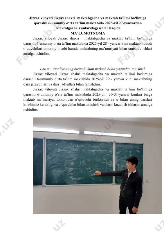hokamalar ham amalga oshirdim. 3-rasm. dars jarayoni jizzax viloyati jizzax shahri maktabgacha va maktab ta’limi boʻlimiga qarashli 2-umumiy oʻrta ta’lim maktabida 2025-yil 4- fevral kuni maktabning 5-b sinf oʻquvchilarning yigitlari bilan suhbat oʻtkazildi. suhbat davomida maktab psixologi, maktabning mmibdoʻ hamda sinf rahbari ishtirok etdi. maqsad oʻquvchilar bilan maktab ichki odob-axloq qoidasi tartibi nazoratga olishdan iborat. jizzax viloyati jizzax shahri maktabgacha va maktab ta’limi boʻlimiga qarashli 6-umumiy oʻrta ta’lim maktabida 2025-yil 5-6-fevral kunlari maktabning 5-a,5-b,6-a hamda 6-b sinf oʻquvchilariga dars mashg’ulotlarini oʻtdim.unda men ular bilan excel,office dasturi haqida malumotlarni oʻrgandim va u haqida bilgan yangi bilimlarni ularga oʻrgatdim. 4-rasm oʻquvchilarning dars jarayonida oʻrgangan bilimlarini bajarish jarayoni jizzax viloyati jizzax shahri maktabgacha va maktab ta’limi boʻlimiga qarashli 6-umumiy oʻrta ta’lim maktabida 2025-yil 7- fevral kuni maktab psixologi bilan birgalikda maktabning ichki roʻyhatga olingan oʻquvchilar suhbat oʻtkazildi. ular bilan individual suhbatlar olib borilishi yuzasidan tushuntirish ishlari amalga oshirildi. jizzax viloyati jizzax shahri maktabgacha …