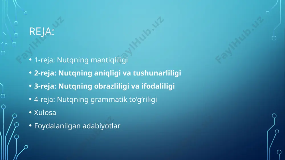 kuchaytiradi. ifodalilik esa so‘zlarning ohangdorligi, emotsional ta’siri va tinglovchiga ta’sir kuchidir. u urg‘u, pauza, mimika, tana harakatlari bilan kuchaytiriladi. obrazli nutq o‘quvchilar xotirasida uzoqroq saqlanadi. 4-reja: nutqning grammatik to‘g‘riligi grammatik to‘g‘rilik — nutqning morfologik, sintaktik va stilistik jihatdan me’yorlarga mos kelishidir. o‘qituvchi nutqida imlo, talaffuz, gap tuzilishi, urg‘ular to‘g‘ri bo‘lishi kerak. bu, avvalo, o‘quvchilarga to‘g‘ri til namunasini ko‘rsatadi. . til xatolari, noto‘g‘ri gap tuzish o‘quvchilarning og‘zaki va yozma nutqida xatolar paydo bo‘lishiga olib keladi. shuning uchun o‘qituvchi o‘zining grammatik savodxonligiga alohida e’tibor qaratishi zarur. to‘g‘ri yozish va gapirishni mashq qilish, nutqiy matnlarni tahlil qilish bu borada samarali usullardandir. xulosa: grammatik to‘g‘rilik — nutq madaniyatining asosiy mezonidir. o‘qituvchi til me’yorlariga amal qilgan holda so‘zlasa, o‘quvchilar ham grammatik jihatdan to‘g‘ri fikrlashga o‘rganadi. har qanday xatolik — bilimga salbiy ta’sir ko‘rsatadi. o‘qituvchining savodli nutqi nafaqat dars samaradorligini, balki o‘quvchilar nutqiy rivojlanishini ham ta’minlaydi. shu bois, pedagoglar doimiy ravishda grammatika qoidalarini takrorlab, o‘z nutqini …