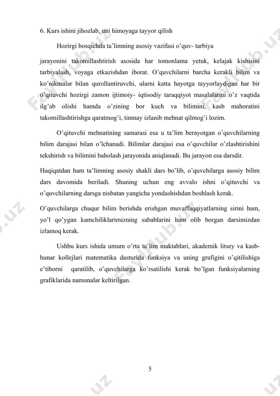 ment deb ham yuritiladi. yarim yopiq oraliq: (bu yerda faqat bitta uchi tegishli) ochiq oraliq: (bu yerda bitta ham uchi tegishli emas). oraliqlar bir tomondan yoki ikki tomondan cheksiz bо‘lishi mumkin. bu oraliqlar о‘ng uchga ega emas. ushbu oraliqlar chap uchga ega emas. (v sonni о‘zini ham qabul qiladi). . agar x miqdor ixtiyoriy haqiqiy sonlarni qabul qilsa, uning о‘zgarish sohasi quyidagicha yoziladi: bu yerda simvollar hech qanday sonni bildirmaydi. odatda v-a son oraliqning uzunligi deyiladi. 1.2-§. o‘zgaruvchilar orasidagi funksional bog‘lanish. funksiya tushunchasini ta’rifi, funksiyaning aniqlanish va о‘zgarish sohasi fan va turmushning turli sohalarida, matematikaning о‘zida, fizikada, texnikada birgalikda о‘zaro bir-biriga bog‘liq ravishda о‘zgaruvchi miqdorlar kо‘p uchraydi.funksiya tushunchasi matematikaning asosiy tushunchalaridan biri bо‘lib, u ikkita (umumiy holda bir necha) о‘zgaruvchi miqdor orasidagi bog‘lanishdan kelib chiqadi. о‘zgaruvchi miqdorlarni ikkiga ajratish mumkin, biri ixtiyoriy о‘zgaruvchi bо‘lib – u erkli о‘zgaruvchi yoki argument, ikkinchisi esa birinchisiga bog‘liq holda о‘zgarib – erksiz (unga bog‘liq …