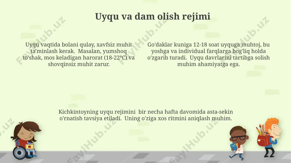 izlik va himoya uyda chaqaloq uchun xavfsiz muhit yaratish uchun rozetkalarni himoya qopqoqlari bilan yopish va mayda buyumlarni, kichik o'yinchoqlarni bolaning qo'li yetmaydigan joyga qo'yish kerak. uy hayvonlari bilan chaqaloqni yolg'iz qoldirmaslik, har doim nazorat qilish muhim, chunki 6 oygacha bo'lgan chaqaloqlarning yumshoq to'qimalariga zarar yetkazish xavfi yuqori. chaqaloqlarni transport vositalarida tashishda avtomobil kreslosi yoki maxsus moslama ishlatilishi shart, bola 12 yoshga yoki 150 sm balandlikka yetguncha. sog'lom rivojlanishni kuzatish sog'lom rivojlanishni kuzatishda chaqaloqning vazni va bo'yi o'sishining standart ko'rsatkichlariga mos kelishini, ya'ni 0-6 oyliklarda o'rtacha 600-700 grammdan ortiq vazn qo'shishini va 2-3 sm ga uzunroq bo'lishini kuzatish muhim. sog'lom rivojlanishni baholashda chaqaloqning immunitet tizimining holati ham ahamiyatli. masalan, 1 yoshgacha 6 ta asosiy emlashning o'z vaqtida bajarilishi sog'lom rivojlanishning muhim ko'rsatkichidir. chaqaloqning neyro-psixomotor rivojlanishiga e'tibor qaratish kerak. masalan, 3 oyligida boshini ushlab turishi, 6 oyligida o'tirishi, 9 oyligida esa to'rt oyoqlab yurishi kabi muhim bosqichlarni kuzatish lozim. e'tiboringiz uchun …