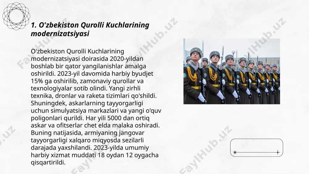 lari bilan ta'minlanadi. shuningdek, harbiy pensiyaga chiqqanlar uchun maxsus pensiya fondi yaratilgan bo'lib, ularning pensiyalari boshqa toifadagi fuqarolarnikidan 20% yuqoridir. ... t.me/slaydai_bot 6. milliy mudofaa strategiyasi yangilanishi 2023-yilda o‘zbekiston mudofaa tizimi uchun muhim bosqich bo‘ldi. yangilangan strategiya mamlakat mudofaa salohiyatini mustahkamlash, xalqaro hamkorlikni kengaytirish va zamonaviy texnologiyalarni tatbiq etishni nazarda tutadi. bu doirada mudofaa byudjeti 10 foizga oshirilishi rejalashtirildi. shuningdek, strategiyada kiberxavfsizlikka alohida e’tibor qaratilib, 2024-yilga kelib kiber xavfsizlik xizmati xodimlarini 30 foizga ko‘paytirish belgilangan. harbiy tayyorgarlik dasturlari takomillashtirilib, 2025-yilgacha harbiy texnika bilan ta’minlash darajasini 70 foizga etkazish ko‘zda tutilgan. milliy xavfsizlikni ta’minlash maqsadida qo‘shinlarimizning tayyorgarlik darajasi 2023-yil yakuniga qadar 20 foizga oshiriladi. ... t.me/slaydai_bot 7. harbiy-tibbiyot xizmati tizimining rivojlanishi 7. harbiy-tibbiyot xizmati tizimi rivojlanishi davomida harbiy kasalxonalar soni oshdi va tibbiy xizmatning sifatini yaxshilashga qaratilgan choralar ko'rildi. 1991 yildan keyin, o'zbekiston respublikasi qo'shinlariga xizmat qiluvchi 50 dan ortiq harbiy tibbiyot muassasalari tashkil etildi. har yili minglab harbiy xizmatchilar qo'shimcha …