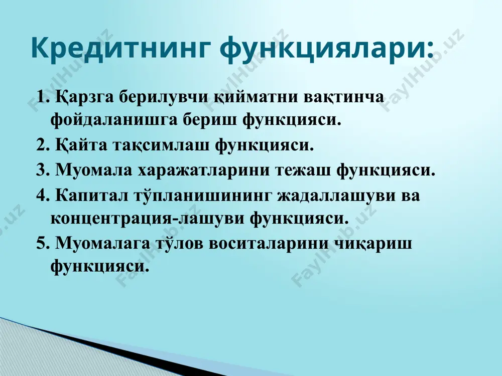 иторинг (кредитни олиш ва тўлаш босқичида), б) кейинги мониторинг (ҳисобдан чиқарилган ва банкнинг балансдан ташқарида ҳисобга олинадиган кредитлар мониторинги). ликвидлилик коэффициенти к лик = i + ii гуруҳ ликвид активлар қисқа муддатли мажбуриятлар мухторийлик коэффициенти к мух = ўз маблағлари баланс пассиви жами “тижорат банкларида активлар сифатини таснифлаш ва активлар бўйича эҳтимолий йўқотишларни қоплаш учун захиралар шакллантириш ҳамда улардан фойдаланиш тартиби тўғрисида”ги 2696-сонли низомига муаммоли кредит деганда сифати «қониқарсиз», «шубҳали» ва «умидсиз» кредитлар тушунилади тижорат банкларининг активлари, хусусан кредитлари сифатига кўра «стандарт», «субстандарт», «қониқарсиз», «шубҳали» ва «умидсиз» тоифаларга таснифланади. тижорат банки бошқаруви қарорига кўра, кредит қўмитасининг хулосаси бўйича ва банк кенгаши билан келишувига биноан ишончсиз деб топилган бешинчи синф кредитлари ссудалар бўйича эҳтимолий йўқотишларга шакллантирилган заҳира ҳисобига, заҳира етишмаган тақдирда 31203 ҳисобварақ - «тақсимланмаган фойда» ҳисобига балансдан чиқарилади. эътиборларингиз учун раҳмат!!! image2.emf image3.png image1.jpeg