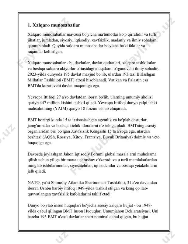 shiriladi. dunyo miqyosida birlashgan millatlar tashkiloti (bmt), yevropa ittifoqi (yi), xalqaro valyuta jamg‘armasi (xvj) va jahon savdo tashkiloti (jst) kabilari diplomatik aloqalar va xalqaro siyosatni shakllantiruvchi muhim tashkilotlardir. #### 2. davlatlar o‘rtasida elchixonalar soni o‘zbekiston diplomatik aloqalarni rivojlantirishda faol ishtirok etadi. jumladan, mamlakat 2021 yil holatiga ko‘ra 130 dan ortiq davlatlar bilan diplomatik aloqalar o‘rnatgan. o‘zbekistonning qariyb 50 ta mamlakatda elchixonasi faoliyat yuritmoqda. dunyo bo‘yicha esa birlashgan davlatlar elchixonalari eng ko‘p bo‘lib, aqshning taxminan 190 ta mamlakatda elchixonalari mavjud. xitoyning ham diplomatik aloqalari keng bo‘lib, u global miqyosda taxminan 169 ta elchixonaga ega. #### 3. konsulliklar va ularning ahamiyati konsulliklar ham diplomatik aloqalar tizimining muhim qismi bo'lib, bir davlatning fuqarolariga boshqa davlatda yordam berish va xizmat ko‘rsatishga mo'ljallangan. o‘zbekistonning konsulliklari ko‘plab mamlakatlarda faoliyat ko‘rsatmoqda, xususan rossiya, aqsh, germaniya kabi davlatlarda. dunyo miqyosida germaniya taxminan 350 dan ortiq konsullikka ega bo‘lib, bu evropada eng yuqori ko‘rsatkichlardan biridir. #### 4. savdo hajmi …