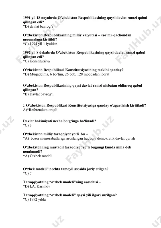 organi – vakillik va ijro organlari tizimiga boshchilik qiladi - *b) hokimlar o‘zbekiston respublikasida hokimlar vakolat muddati necha yil? *d) 5 yil viloyat va toshkent shahar hokimlarini kim tayinlaydi ? *a) prezident tuman va shaharlar hokimlarini kim tayinlaydi? *d) viloyat hokimi tumanlarga boysunadigan shahar hokimlari kim tomonida tayinlanadi? *b) tuman hokimi o‘zbekiston respublikasida saylovlar kim tomonidan tashkil qilinadi? *c) markaziy saylov komissiyasi tomonidan o‘zbekiston respublikasida necha yoshga to’lgan shaxslar saylash huquqiga ega? *b) 18 necha yoshdan kam bo’lmagan fuqarolar prezidentlikka saylanishi mumkin? *a) 35 yoshdan necha yoshga to’lgan fuqarolar oliy majlisga saylanishi mumkin? *b) 25 yosh necha toshga to’lgan fuqarolar viloyat, tuman, shahar kengashlariga deputatlikka saylanishi mumkin? *c) 21 yosh “o’zbekiston havo yo’llari” milliy aviakompaniyasi qachon tashkil etiladi? *c) 1992 yil 28 yanvarda toshkent metrosining 6 ta bekatdan iborat yunusobod liniyasi qachon ishga tushirildi? *a) 2001 yil avgustda “navoiy-uchquduq-sulton uvaystog’-nukus” temir yo’li qachon ishga tushrilgan edi? *c) 2001 yilda o‘zbekistonda …