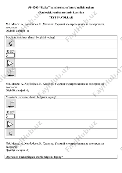 radioelektronika asoslari kursi test savollari — DOC