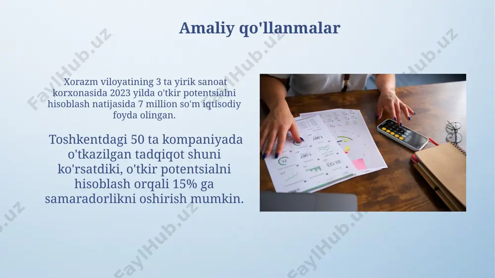 iyati o'tkir potentsialni aniqlash, 2023 yilgi ma'lumotlarga ko'ra, qoraqalpog'iston respublikasidagi paxta yetishtirish hajmini 15% ga oshirish imkoniyatlarini baholashda foydali bo'ladi. o'tkir potentsialni hisoblash, masalan, toshkentdagi 100 ta korxona uchun 5 yillik rivojlanish strategiyasini ishlab chiqishda, investitsiyalarni samarali taqsimlashda muhim rol o'ynaydi. o'lchov asboblari va jihozlari фарғона водийсидаги ишлаб чиқариш корхоналари учун 2024 йилгача 1000 дан ортиқ турли хилдаги ўлчов асбоблари ва ускуналари етказиб бериш режалаштирилган, бунинг 40%и автоматлаштирилган тизимлар. самарқанд вилоятидаги 5 та корхонада ўрнатилган юқори аниқликдаги ўлчов асбоблари, 0,01 мм дақиқлик билан ўлчовларни амалга оширади ва iso 9001 стандартларига жавоб беради. o'tkir potentsialni hisoblash usullari o'tkir potentsialni aniqlash uchun 70% hollarda empirik formulalar qo'llaniladi, bu formulalar temperatura, bosim va material xossalari kabi parametrlarni hisobga oladi, masalan, samarqanddagi metall ishlab chiqarish zavodida. o'tkir potentsialni hisoblashda 2d va 3d modellashtirish usullari qo'llaniladi, masalan, fem (chekli elementlar metodi) yordamida toshkentdagi 100 kvt quvvatli elektr stantsiyasining potentsialini aniqlash mumkin. e'tiboringiz uchun rahmat @taqdimot_robot …