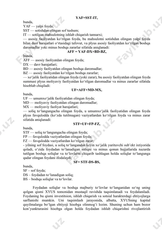 shi mumkin. ma’lum bir miqdorda sof foydaning (netto-foydaning) olinishiga erishilsagina tadbirkorlik jarayonini amalga oshirish o‘zining mazmuniga ega bo‘ladi. 2-savol bayoni. hozirgi sharoitda foydani aniqlashning iqtisodiy instrumentlari avvalgi iqtisodiy tizimning qoldiq elementlari va moliyaviy munosabatlar sub’ektlari ongida mustahkam ildiz otgan tartiblar bilan birgalikda amal qilib kelinmoqda. foydani aniqlash va taqsimlash, bunga ko‘ra soliq ob’ektini aniqlash bir vaqtning o‘zida huquq, siyosat va iqtisodiy sohalarda tegishli o‘zgarishlarni parallel ravishda e’tiborga olinishi zarur bo‘lganligi uchun yanada murakkablashayotir. umuman olganda, foydadan shunday bir ijtimoiy-iqtisodiy ko‘rsatkich sifatida foydalanishlari lozimki, bu ko‘rsatkich nimaiki jamiyat manfaatlariga javob bersa (davlat byudjetining taqsimoti orqali) shu narsa korxonalar va ularning xodimlari manfaatlariga yoki nomarkazlashtirilgan mablag‘larni foydadan ajratiladigan qismiga xos bo‘lishi kerak. odatda, taraqqiy etgan mamlakatlarda korxonalar va ularning xodimlari o‘z ijtimoiy-iqtisodiy manfaatlarini byudjetdan ajratmalar hisobidan qondirishdan ko‘ra nomarkazlashtirilgan yo‘l orqali, ya’ni foydaning bir qismini shu manfaatlarga sarflanishi ko‘proq afzalliklarga ega deb kelinmoqda. darhaqiqat, bu shundaydir. foydaning bir qismini soliq shaklida byudjetga …