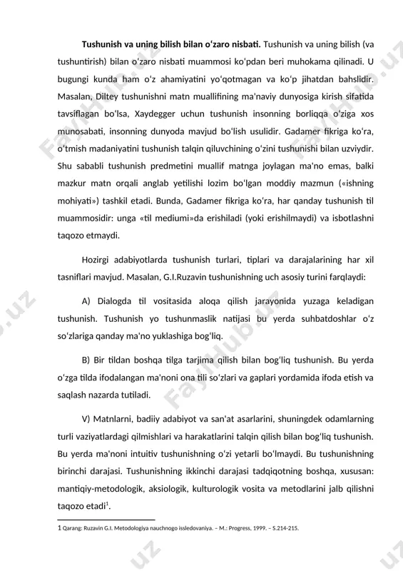 iy-metodologik, aksiologik, kulturologik vosita va metodlarini jalb qilishni taqozo etadi . tushunish to‘g‘risida so‘z yuritganda, yana ikki muhim jihatga e'tiborni qaratish kerak: 1. germenevtik doira tamoyili tushunishning muhim jihati hisoblanadi. u tushunishning siklik xususiyatini aks ettiradi. mazkur tamoyil tushunish va tushuntirishni bog‘laydi: nimanidir tushunish uchun uni tushuntirish kerak va aksincha. mazkur o‘zaro aloqa butun bilan qismning doirasi sifatida ifoda etiladi: butunni tushunish uchun uning alohida qismlarini tushunish kerak, alohida qismlarni tushunish uchun esa butunning ma'nosi haqida tasavvurga ega bo‘lish lozim. masalan, so‘z – gapning qismi, gap – matnning qismi, matn – madaniyat unsuri va sh.k. 2. germenevtik doira – «olmaxon g‘ildiragi» emas, zero, unda tafakkur qismlardan avvalgi butunga emas, balki o‘z qismlarining bilimi bilan boyigan butunga, ya'ni boshqa butunga qaytadi. germenevtik doira dialektik xususiyatga ega: unda to‘liq va chuqur tushunishdan yanada to‘liqroq va chuqurroq tushunishga tomon harakat sodir bo‘ladi, mazkur harakat jarayonida tushunishning yanada keng ufqlari namoyon bo‘ladi. tushunishni hozirgi …