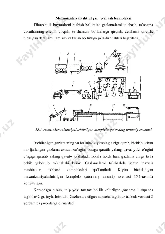 sxemasi. gazlamani mashinada to`shash sifati yanada yaxshiroq bo`lsin uchun uni yangi yo`l bilan to`shash ishlab chiqildi. mashinada to`shashdagi bu yangi yo`lning mohiyati shundan iboratki, unda ma`lum uzunlikdagi to`shama qavatlari oldin kesib olinib, keyin to`shaladi. shu maqsadda maxsus o`lchab-qirqish mashinasi yasaldi (15.2-rasm). unda qirqilayotgan to`shama qavatiga gazlama rulonning massasi o`zgarib turishi ta`sir etmaydi, gazlama stol yoki ekran sathiga ishqalanmaydi, o`lchash paytida gazlama qavatiga ta`sir etayotgan kuchlar o`zgarmas bo`ladi. o`lchab-qirqish mashinasida rulon o`ramini ochish mexanizmi 1, transportyor 2, qirqish mexanizmi 3 va uzunlik o`lchash hisoblagichi 4 bo`ladi. o`lchab-qirqish mashinasining aravachasi q5 mm xatoga yo`l qo`yishi mumkin. to`shash uchun qirqilayotgan gazlama qavatlari uzunligini belgilashda buni ham hisobga olish kerak. ba`zi gazlamalar o`lchab qirqish mashinasida cho`zilishi mumkin. cho`zilish darajasi gazlamaning turiga bog`liq. lekin u hech qachon normadan ortiq bulmaydi. o`lchab-qirqish mashinasida mo`ljaldagi uzunlikka nisbatan yo`l qo`yiladigan quyim hamma vaqt hisob kartasida nazarda tutilganidan kam bo`ladi. shuning uchun bu mashinada gazlama ko`proq tejaladi. tajribalar o`lchab-qirqish …