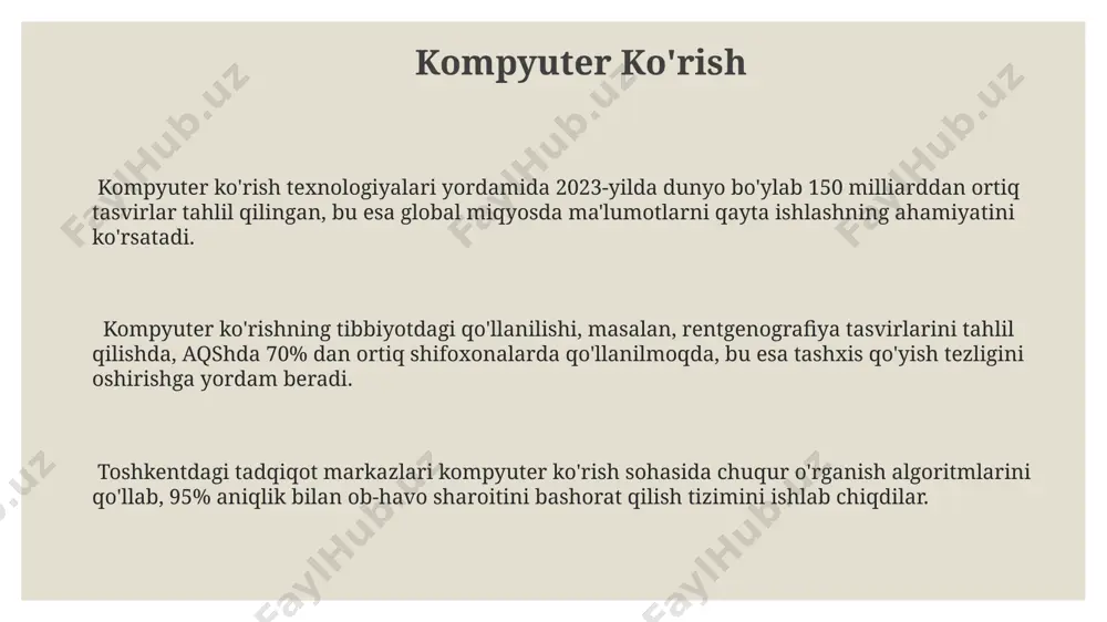 intellekt tizimlarining etishmovchiligi, xususan, tasvirni aniqlashda 5% ga yaqin xatolik ko'rsatkichi, avstraliya kabi keng hududlardagi ob-havo bashoratini noto'g'ri prognoz qilishga olib kelishi mumkin. sun'iy intellektning katta ma'lumotlarga bog'liqligi, masalan, 100 terabayt va undan ortiq ma'lumotlarni qayta ishlash uchun kuchli serverlarni talab qiladi, bu esa energiya sarfini va xarajatlarni sezilarli darajada oshiradi, ayniqsa, rivojlanayotgan mamlakatlar, masalan, o'zbekiston uchun. sun'iy intellekt algoritmlarining "qora quti" xususiyati tufayli, qaror qabul qilish jarayonining tushunarsizligi 30% gacha xatolikka olib kelishi mumkin, bu esa tibbiyot kabi muhim sohalarda jiddiy oqibatlarga olib kelishi mumkin. chuqur o'rganish чуқур ўрганиш алгоритмлари, масалан, 150 миллиондан ортиқ параметрга эга бўлган google tomonidan яратилган transformer модели, инглиз тилидаги матнларни таҳлил қилишда юқори самарадорлик кўрсатади. 2012 йилда imagenet тасвирлар танлов танловида, чуқур ўрганишга асосланган нейрон тармоқлар классификацияда инсон кўрсаткичларига яқин натижаларни кўрсатди, бу бутун дунё бўйлаб катта эътиборни тортди. тошкентдаги университетларда чуқур ўрганиш бўйича 30 дан ортиқ талаба илмий ишлар бажариб, 5 тадан ортиқ …
