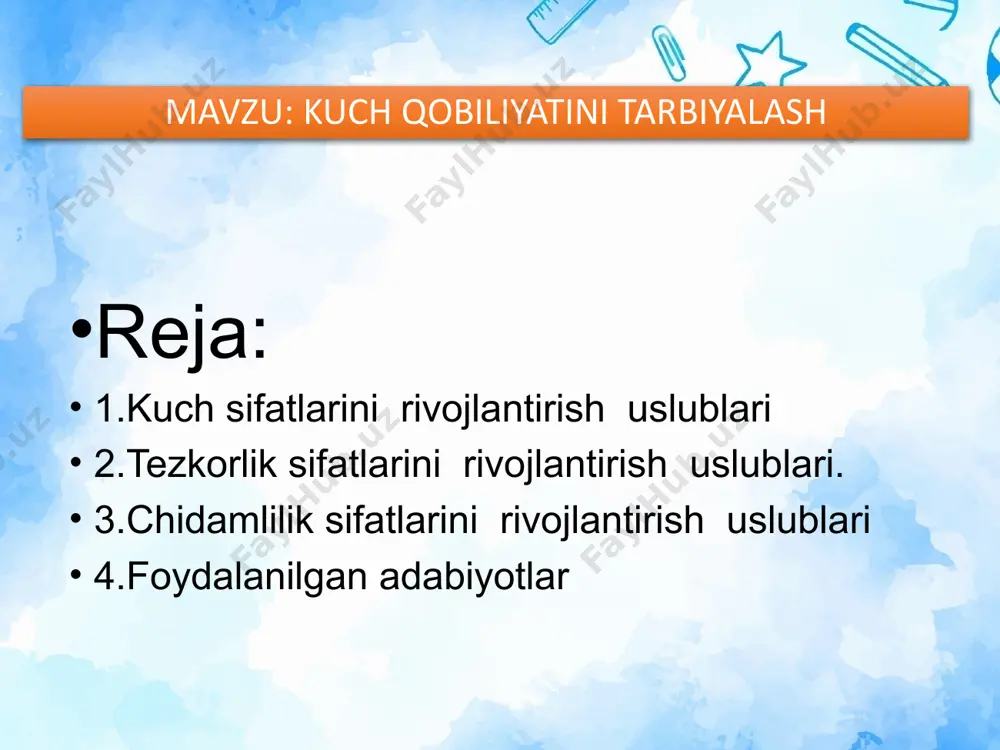 ivojlanishidir kuch turlariga ta`rif dinamik kuch-harakatda namoyon bo`ladigan kuch. statik kuch- muvozanatda namoyon bo`ladi- gan kuch. nisbiy kuch- 1 kg vaznga 1 kg kuch bilan namoyon bo`ladigan kuch. absalyut kuch- insonning chegara kuchini namoyon qilish qobiliyati. portlovchi kuch- qisqa muddatda yuqori shiddatda kuchni namoyon qilish. differensial kuch- tana va uning a`zolarini ishlashi uchin sarf bo`ladigan kuch. kuch muskul kuchlanishi orqali, ularga qarshi turuvchi yoki qarshi ta‟sir ko„rsatvchi mexanik va biomexanik kuchlarni engishga, shu bilan ta‟sir samaradorligini ta‟minlanishidir. boks nazariyasidan bizga yaxshi ma‟lumki kuch sifati ushbu sport turida muhim ahamiyat kasb etadi. o„zbek boksshunos olimi r.d. xalmuxamedov bokschilarning kuch sifatini tarbiyalash ikkita yo„nalishda olib borilishi maqsadgamuofiq 7-9 yoshda jismlar bilan umumiy rivojlantiruvchi mashqlar, qiyshiq o‘rnatilgan gimnastika skameykalariga tirmashib chiqish, gim-nastika devoridagi mashqlar, sakrashlar, uloqtirishlardir; 10-11 yoshdagilar uchun – katta muskul tarangligi talab qilinadigan jismlarni ko‘tarish bilan umumiy rivojlantiruvchi mashqlar (to‘ldirma to‘plar, gimnastika tayoqlari va h.k.)da, uch usul bilan vertikal kanatga tirmashib, …