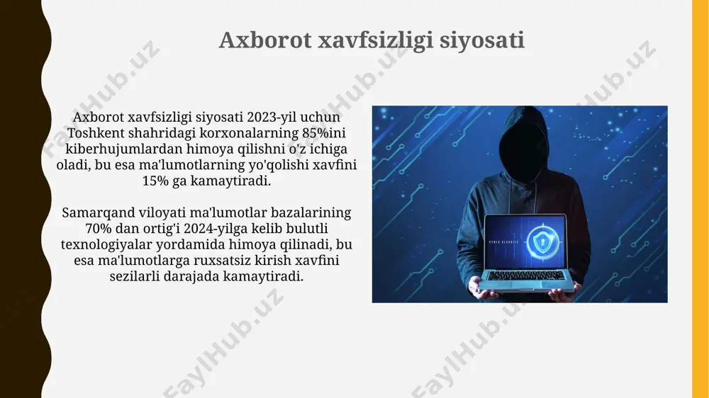 sir ko'rsatishi mumkin. o'zbekiston kabi rivojlanayotgan mamlakatlarda infratuzilmaning zaifligi va kiberxavfsizlik bo'yicha yetarlicha malakali mutaxassislarning yetishmasligi katta tahdid hisoblanadi, bu esa 2024 yilda 10 million dollardan ortiq zarar keltirishi mumkin. himoya choralari самарқанд вилоятида жойлашган 10 та ташкилотда ўтказилган синовлар 2та ҳимоя тизимининг заиф жойларини аниқлади, бу эса кибержиноятчилар учун 250 мингтадан ортиқ фойдаланувчининг маълумотларига кириш имкониятини яратди. ўзбекистондаги 2022 йилги киберхужумлар ҳисоботига кўра, ҳимоя чораларининг 30%и эскирган технологияларга асосланган бўлиб, тошкент шаҳридаги компаниялар энг кўп таҳдидларга дуч келишган. zaifliklarni aniqlash va bartaraf etish o'zbekistondagi banklarning 20% dan ortig'i sql in'ektsiyasi hujumlariga moyil bo'lgan eski versiyali dasturlarni qo'llaydi, bu esa ma'lumotlarning o'g'irlanishiga olib kelishi mumkin; bu xavfni kamaytirish uchun yangilanishlarni muntazam amalga oshirish kerak. jahon miqyosida tarmoq xavfsizligi bo'yicha mutaxassislarning 2023-yilgi hisobotlariga ko'ra, fizik kirish nazorati zaifligi tufayli 15% dan ortiq ma'lumotlar buzilishi sodir bo'ladi; shuning uchun tokio kabi yirik shaharlardagi korxonalar fizik xavfsizlikni kuchaytirishga e'tibor berishlari lozim. ma'lumotlarning butunligini …