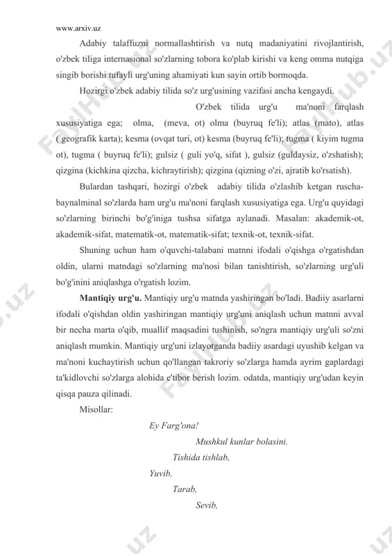 darajada qisqacha, to'xtab, nafas oladilar va o'pkalarini qayta havoga to'ldirib, nutqni davom ettiradilar. nutqdagi ana shunday to'xtash, tinish yoki shunday kichik talaffuzga pauza deyiladi. badiiy asarlarni ifodali o'qishda pazaning o'ziga xos o'rni bo'lib, u asarning janr xususiyati, mazmuni va sintaktik qurilishi bilan uzviy bog'liq. badiiy asarda pauza muallif fikrning tinglovchiga aniq va to'la yetib borishiga katta yordam beradi. pauza she'riy asarlarda aksariyat so'roqlarga tushadi va his-hayajon bag'ishlaydi. she'rlardagi bayt yoki bandlar asarning tugallangan bir bo'lagi sifatida bir-biridan doimo pauza bilan ajraladi. masalan: ko'm-ko'k... ko'm-ko'k... ko'm-ko'k... mehnat sharaf va shon bo'lgan vodiylar ko'm-ko'k... pauzaning turlari haqida har xil fikrlar mavjud. biz talabalarga tushunarli bo'lsin uchun uni uch ko'rinishga bo'lib o'rganamiz: 1. grammatik pauza 2. mantiqiy pauza 3. psixologik pauza. grammatik pauza. badiiy asarlar ifodali o'qiganda tinish belgilarida qisqa pauza qilinadi. bunday pauza grammatik pauza deyiladi. o'zbek tilida quyidagi tinish belgilari ishlatiladi: nuqta (.), so'roq belgisi (?), undov belgisi (!), ko'p nuqta …