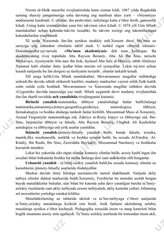 ritila boshlandi. ammo yoziladigan xujjatlar, ishlar fors-tojik tilida bulsa xam, arab imlosida yozilar edi. bu shaxarlardagi maktablarga xatto tevarak-atrofdagi kishloklardan oddiy xalk bolalari xam kelib ukiganligimanbalarda keltirildi. usha davrda buxoroda katta kitob bozori bulgan, kitob dukonlarida olim va fozil kishilar uchrashib, ilmiy mulokat, munozaralar utgan. abu ali ibn sino kitob dukonlaridan birida farobiyning aristotel «metafizika» siga yozgan sharxlarini sotib olganligini tarjimai xolida xikoya kiladi. buxoro amiri saroyida esa yirik kutubxona mavjud bulgan. amir kutubxonasi usha davrdagi sheroz kutubxonasi bilan bellasha oladigan yagona kutubxona sifatida tan olganlar. chunki sheroz kutubxonasida maxsus javonlarda saklansa, amir kutubxonasida esa sandiklarda saklangan. bu davrda xind, eron, arab-yunon tillaridan tibbiyot, astronomiya, matematika, mantik, psixologiya, falsafaga oid asarlar tarjima kilinishi shu soxaga oid bilimlarning rivojlanishiga ta’sir etdi. eronlik abdulla ibn al-mukaffo (724-750) yozuvchi, pedagog, olim va tarjimon sifatida salmokli ishlar kildi. u «buyuk ishlar uchun nasixatlar» va «kichik ishlar uchun nasixatlar» asarlarini yaratgan, paxlaviy tilidan xindlarning «kalila …