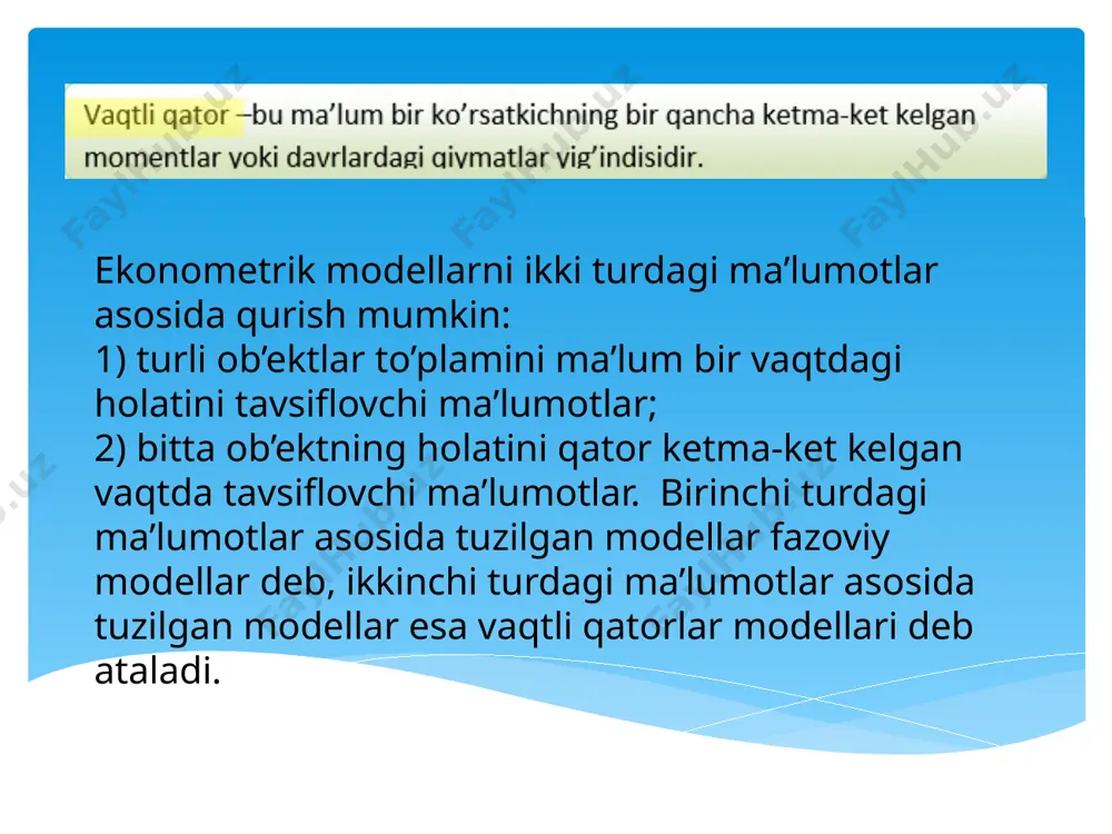ati bilan bog’liq bo’lgan tsiklik tebranishlarni aniqlash mumkin. b)-rasmda faqat mavsumiy komponentaga ega bo’lgan gipotetik davriy qatorlar keltirilgan. ayrim vaqtli qatorlar hech qanday tendentsiyaga va davriy komponentalarga ega bo’lmaydi, ularning har bir keyingi darajasi qatorning o’rtacha darajalari yig’indisi va ayrim (manfiy yoki musbat) tasodifiy komponentalardan tashkil topadi. v)-rasmda faqat tasodifiy komponentalarga ega bo’lgan qator keltirilgan. albatta, yuqorida keltirilgan modellarning hech biridan to’lig’icha haqiqiy ma’lumotlar kelib chiqmaydi. asosan, modellar uchchala komponentalarni o’z ichiga oladi. qatorning har bir darajasi tendentsiya, davriy tebranishlar va tasodifiy komponentalar ta’sirida shakllanadi. ko’p holatlarda vaqtli qatorlarning haqiqiy darajasini trend, tsiklik va tasodifiy komponentalarning yig’indisi yoki ko’paytmasi shaklida tasavvur qilish mumkin. uchchala komponentalarning yig’indisidan tuzilgan model vaqtli qatorning additiv modeli deyiladi. chala komponentalarning ko’paytmasidan tuzilgan model vaqtli qatorning multiplikativ modeli deyiladi. mavsumiy va tsiklik tebranishlarni modellashtirish vaqtli qatorning additiv va multiplikativ modeli. mavsumiy yoki tsiklik tebranishga ega bo’lgan vaqtli qatorlar strukturasini tahlil qilishga bir qancha yondoshuvlar mavjud. eng …