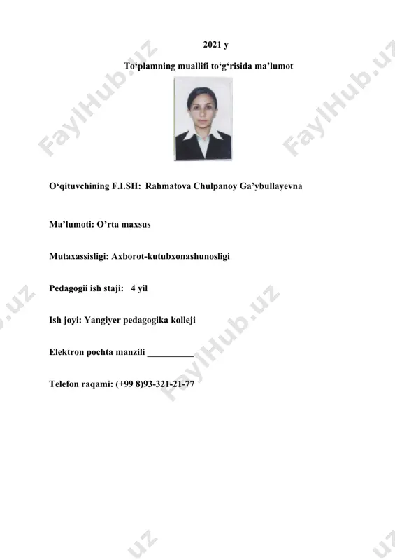 си 54 2 36 36 18 36 ҳафталик ўқув юклама: 36 36 35,7 жами: 2154 100 1436 288 1122 0 6 20 718 540 360 536 iv. тушунтириш хати 1. машғулотлар мазкур ишчи ўқув режадаги касб (мутахассислик) бўйича қабул қилинган ўқувчилар гуруҳи шакллангандан сўнг бошланиб, тасдиқланган ўқув жараёни жадвалига мувофиқ якунланади. 2. машғулотларни иккита кичик гуруҳга бўлган ҳолда ўқитиш тартиби ўзбекистон республикаси вазирлар маҳкамасининг ‘ўзбекистон республикасида узлуксиз бошланғич, ўрта ва ўрта махсус профессионал таълим тизимини тартибга солувчи норматив-ҳуқуқий ҳужжатларни тасдиқлаш тўғрисида’ 2020 йил 7 августдаги 466-сон қарори 1-иловаси 36-бандига асосан амалга оширилади. 3. ушбу ишчи ўқув режа 4.31 .02.01 - kyтyбxoнaшyнocлик касбининг намунавий ўқув режаси асосида 1 йил (бир йил) ўқитиш даврини ҳисобга олган ҳолда фан (модул)лар ва ўқув амалиётлари соати семестрлар кесимида тақсимланиб ишчи ўкув режаси ишлаб чиқилди ва 2021 йил ‘__’ январдаги ‘_____’ -сонли педагогик кенгаш қарори билан тасдиқланди. янгиер педагогика коллежи ўқув ва тарбиявий ишлар бўйича директор …