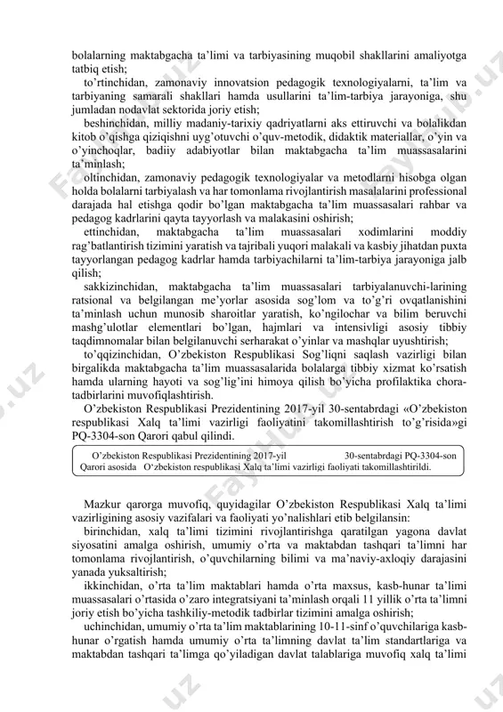 koʼtarish, oliy taʼlimni modernizatsiya qilish, ilgʼor taʼlim texnologiyalariga asoslangan holda ijtimoiy soha va iqtisodiyot tarmoqlarini rivojlantirish maqsadida oʼzbekiston respublikasi prezidentining 2019 yil 8 oktyabrdagi pf–5847-son farmoni bilan tasdiqlangan oʼzbekiston respublikasi oliy taʼlim tizimini 2030 yilgacha rivojlantirish kontseptsiyasi mazkur sohadagi yangi islohotlar uchun debocha vazifasini bajarib bermoqda. xulosa oʼrnida, taʼlim sohasidagi islohotlar ham bugungi kunda oʼzining dolzarbligi hamda amaliy ahamiyati bilan boshqa sohalardagi islohotlardan aslo qolishmaydi. chunki ushbu sohadagi islohotlarni yanada keng koʼlamda davom ettirish davr talabidir. 3.2. o`zbekiston respublikasida uzluksiz ta’lim tizimi. ta’lim soxasidagi davlat siyosatining asosiy prinsiplari. pedagogik faoliyat bilan shug’ullanish xuquqi. 2017 – 2021 yillarda o’zbekiston respublikasini rivojlantirishning beshta ustuvor yo’nalishi bo’yicha harakatlar strategiyasi o’rta muddatli istiqbolda davlat siyosatining ustuvor yo’nalishlarini belgilab bergan eng muhim dasturiy hujjat hisoblanadi. mazkur hujjat asosida ta’lim sohasiga doir qator islohotlar amalga oshirildi. ta’lim tizimini xalq bilan muloqot va ilg’or xorijiy tajribalar asosida isloh qilishga asosiy e’tibor qaratildi. jumladan, o’zbekiston respublikasi prezidentining 2017-yil …