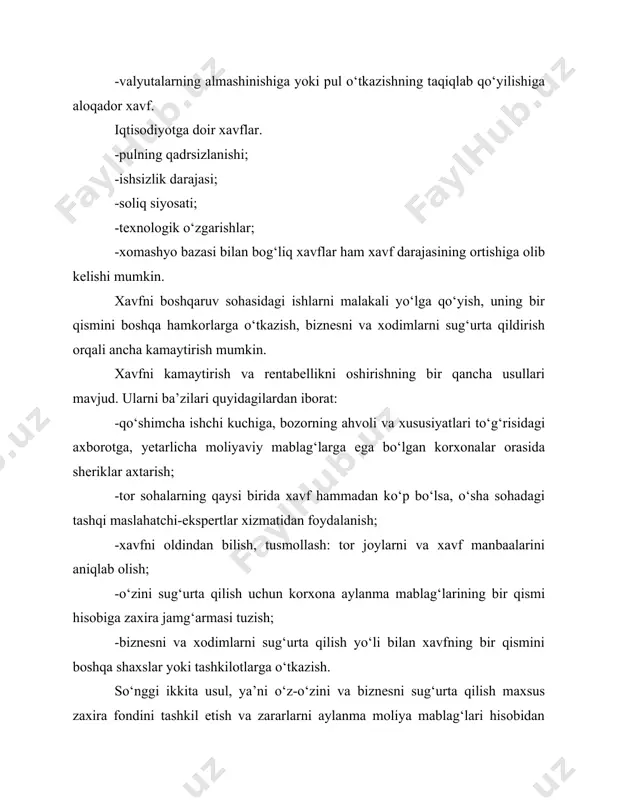 ik - bu ehtimol qilinadigan moliyaviy zararlar bo‘lib, u o‘z navbatida investitsiya va pulning sotib olish qobiliyati bilan bog‘liq bo‘lgan, oxirgisi esa o‘z navbatida, -inflyatsiya va -valyuta bilan bog‘liq bo‘lgan tavakkalchilik turlariga bo‘linadi. inflyatsiya bilan bog‘liq tavakkalchilik - bu olingan daromadlarning qadri yuqori inflyatsiya oqibatida tezroq qadrsizlanishini bildiradi. valyuta bilan bog‘liq tavakkalchilik - bu chet el valyutasi kursining o‘zgarishi oqibatida ko‘riladigan katta zararni bildiradi. bu tavakkalchilik eksport-import operatsiyalarini, shuningdek, valyuta operatsiyalarini baholashda o‘ta zarurdir. investitsiya bilan bog‘liq tavakkalchilik quyidagi turlarga bo‘linadi: tizimli tavakkalchilik - bu, u yoki bu bozorda konyukturaning yomonlashishi yoki tushib ketishi oqibatida ehtimol qilinadigan zarar. bu tavakkalchilik investitsiyani aniq bir obyektga emas, balki muayyan bozor (masalan, valyuta bozori, qo‘zg‘almas mulk bozori va b.) uchun barcha qo‘yilgan mablag‘ bo‘yicha tavakkalchilikni ifodalaydi. bunda investor katta zarar yetkazmasdan turib o‘z mablag‘ini qaytara olmaydi. selektiv tavakkalchilik - bu u yoki bu bozorda investitsiya obyektini noto‘g‘ri tanlab olinishi oqibatida ko‘riladigan tavakkal zarar …