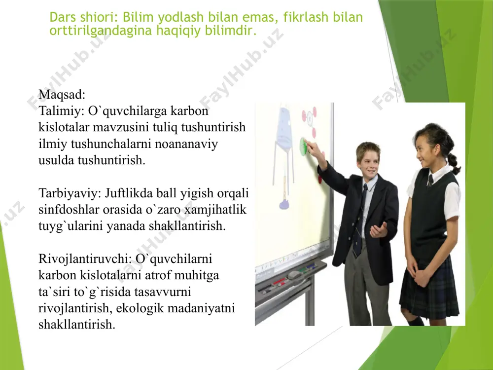 , butan kislota nomenklaturasi va izomeriyasi. sistematik nomenklaturaga ko`ra tegishli alkan nomiga kislota so`zi qo`shib aytiladi. o`rni raqam bilan ko`rsatiladi. raqamlash -cooh guruh tomondan boshlanadi. izomeriyaning quyidagi turlari uchraydi uglerod zanjirining tarmoqlani shiga ko’ra o l i n i s h i 9 murakkab efirlarni gidrolizlab. birlamchi spirtlardan aldegid, oksidlanish davom ettirilsa karbon kislotalar hosil bo’ladi. kimyoviy xossalari eterifikatsiya .chumoli kislota organik sintezda kuchli qaytaruvchi sifatida, gazlamalarni bo`yashda, oziq- ovqat sanoatida dezinfeksiyalovchi va konservalovchi sifatida,tabiiy kauchukni koagulashda, 1,25 % li spirtdagi eritmasi chumoli spirit nomi bilantibbiyotda ishlatiladi. sirka kislota atsetat tola , dorilar,yonmaydigan kinoplyonkalar, organic shisha, bo`yoqlar olishda,3-9%li suvli eritmasitam beruvchi va konservalovchi vosita sifatida ishlatiladi. i s h l a t i l i s h i hcooh c5h11oh c5h11cooh c2h5cooh c3h7oh c3h7cooh c2h5oh ch3oh c4h9oh c4hcooh spirt va karbon kislotalarni ajrating, nomlang. mustaxkamlash: image1.jpeg image2.jpeg image3.gif image4.jpeg image5.jpeg image6.wmf image7.emf image8.png image9.png image10.png image11.jpeg r c o o …