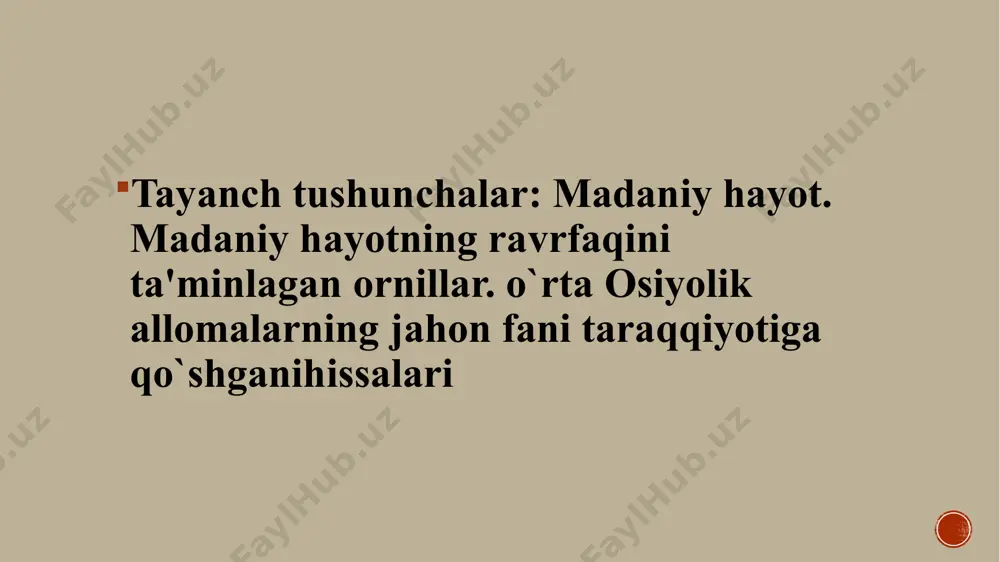 ning asosiy astronomik asari — „kitob al-harakot as-samoviya va javomiʼ ilm an-nujum“ („samoviy harakatlar va umumiy ilmi nujum kitobi“). bu asar „astronomiya asoslari haqidagi kitob“ nomi bilan ham maʼlum boʻlib, 1145 va 1175-yillarda yevropada lotin tiliga tarjima etiladi. xulosa xulosa qilib aytadigan bo’lsak tarixdan ayonki ijtimoiy taraqqiyot doimo bir yo’sinda ravon bo’lmagan. odamzod umumiy rivojlanish bilan birga qanchadan qancha to’siqlarni, tanazzul va tangliklarni boshidan kechirgan. so’ng ularni bartaraf etib, o’z moddiy va madaniy darajasini qayta tiklagan va yangi taraqqiyot sari astoydil intilgan. va biz bugun bu narsaga yana bir bor ayon bo'ldik degan umiddaman. foydalanilgan adabiyotlar mets a., musulmanskiy renessans, m., 1966; xayrullayev m ., uygonishdavri va sharq mutafakkiri, t., 1971; hay itmetov a., sharq adabiyotining ijodiy metodi tarixidan [10—15-asrlar], t., 1970; konrad n . i ., zapad i vostok, m., 1992; sulaymonova f., sharqu gʻarb, t., 1997; komilov n., tafakkur karvonlari, t., 1999; yevdokimov yu., simakova n., muzika epoxi …