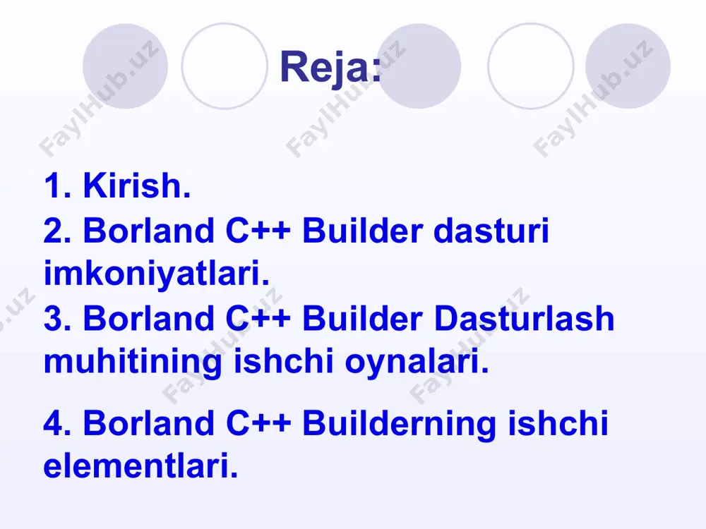 tov – komponentlar palitrasi, administrator proekta – proekt administratori va to’la umumlashgan redaktor koda – kodlar muharriri hamda kodlar va resurslar ustidan to’liq nazoratni ta’minlaydigan dastur ilovalarini tezkor yaratadigan otladchik - instrumentov - sozlash-instrumentlari kabilarni birlashtiradi menyular va uskunalar paneli. dasturchilar tilida bu interfeysga tez qayta ishlovchi muhit rad (rapid application development) deb atashadi. bunga sabab bu muhitda dastur, ilova tuzish va uning dizaynini qurishda tayyor obyektlar va kutubxonada mavjud metodlardan foydalanish mumkin. masalan, kompyuter avtomatik ravishda xodisani qayta ishlovchi funktsiya dasturi matnini hosil qiladi. vizual komponentalar palitrasi. ilova bu – tayyor bajariluvchi fayl hosil qilish uchun kerak bo’ladigan barcha fayllar to’plamidir. masalan, ilova tarkibiga dastur matni, tovush fayllari, ikonka rasmlari va shu kabi ilovaga, kerakli fayllar kirishi mumkin. bunda har bir ilova uchun alohida papka hosil qilish maqsadga muvofiq sanaladi. chunki ilovani boshqa kompyuterga o’tkazmoqchi bo’lsak va papkada saqlamagan bo’lsak, ularni yig’ishimizga to’g’ri keladi. bunda interfeysning o’zi ilovani saqlashni …