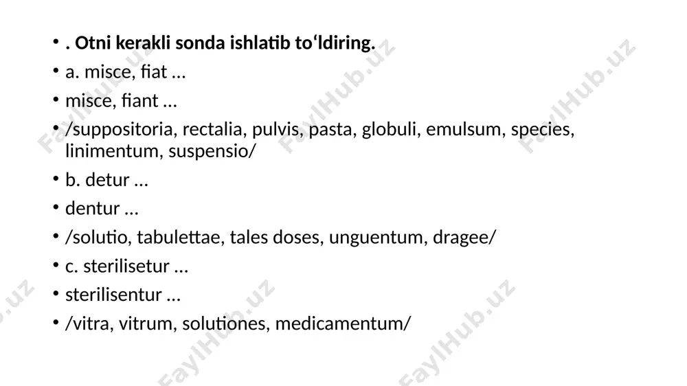 (us, a, um) novshadil (ammoniy gidroksid) spirti addo, ere iii добавлять euro, are i лечить do, dare i давать, выдавать finio, ire iv заканчивать misceo, ёге ii смешивать recipio, ere iii взять repeto, ere iii повторять salveo, ёге ii быть здоровым, здравствовать (глагол употребляет¬ся при приветствии) signo, are i обозначить steriliso, are i стерилизовать valeo, ёге ii быть здоровым, быть сильным (глагол употребляет¬ся при прощании) verto, ere iii вертеть, поворачивать названия лекарственных растений calendula, ae/ календула (ноготки) convallaria, ae/ ландыш mentha (ae j) piper- мята перечная ita (us, a, um) salvia, ae/ шалфей adrenalinum, i п адреналин dibazolum, i п дибазол ichthyolum, i п ихтиол norsulfazolum, i п норсульфазол novocainum, i п новокаин oleum (i п) ricini касторовое масло (масло клещевины) (us, i т) papaverinum, i п папаверин sulfadimezinum, i п сульфадимезин synthomycinum, i п синтомицин xeroformium, i п ксероформ другие слова rectificatus, a, um очищенный (в сочетании с oleum …