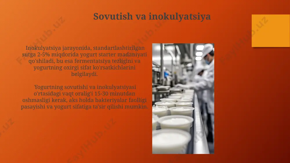 en bakteriyalarni yo'q qilish va mahsulotning saqlash muddatini uzaytirishga yordam beradi. pastörizatsiya jarayonida sutning harorati va ushlab turilish vaqti, yog' tarkibi va bakteriyalar soni kabi omillar mahsulot sifatiga sezilarli ta'sir ko'rsatadi. inkubatsiya inkubatsiya jarayonida ph darajasi 4,0-4,5 gacha pasayadi, bu esa sutning yog' kislotalariga aylanishi va xarakterli yogurt ta'mining shakllanishi bilan bog'liq. inkubatsiya vaqti yogurtning zichligi va kislotaliligiga qarab 3-6 soat oralig'ida o'zgarib turadi, bu esa istalgan qalinlik va ta'mga erishish imkonini beradi. e'tiboringiz uchun rahmat @taqdimot_robot image3.png image4.jpg image5.jpg image6.jpg image7.jpg image8.jpg image9.jpg image10.jpg image11.jpg image12.jpg image13.jpg image14.jpg image15.jpg image16.jpg image17.jpg image18.jpg image19.jpg image20.jpg image1.png