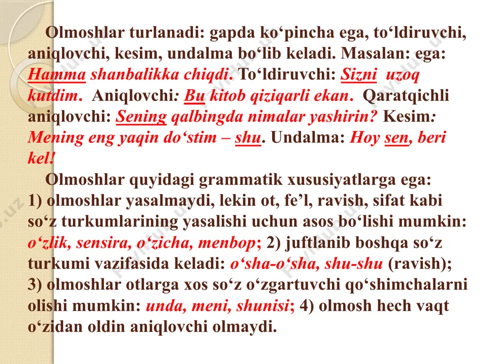 tilgan narsa, belgi, harakat-holatni ifodalaydigan olmoshlardir. belgilash olmoshlaridan hamma, bari, barcha, jami, butun, yalpi shaxs, narsa,belgi, harakat-holatlarni bir butun sifatida jamlab, to‘dalab ifodalaydi. ba’zi belgilash olmoshi esa to‘daning, jamlikning qismini ko‘rsatadi. har so‘zini so‘roq olmoshi yoki bir so‘zi bilan, ba’zan narsa so‘zi bilan biriktirish orqali yasalgan har kim, har qanday, har bir, har narsa kabi belgilash olmoshlari shaxs, predmet, belgilarni yakkaga ajratib belgilaydi. har so‘zi ayrim yoziladi. belgilash olmoshlari ot oldida kelib, sifatlovchi vazifasini bajaradi. otlashganda esa ko‘plik, egalik, kelishik qo‘shimchalari bilan qo‘llaniladi (hammasini, hammalari, barchangizga, ba’zilar, har birimiz, har narsangizni) va gapda ot bajargan vazifalarni bajaradi. masalan: ega: hamma shanbalikda faol qatnashdi. to`ldiruvchi: har kimni o`zingga do`st bilma. sifatlovchi-aniqlovchi: har bir o`quvchi o`ziga xos fe’l-atvorga ega bo`ladi. eslatma: shunday, shunaqa, bunaqa, unaqa, buncha, shuncha, o`shancha kabi olmoshlar ko`rsatish olmoshlaridan yasalgan bo`lib, belgi, xususiyat, miqdorga ishora qilib keladi. 5. o‘zlik olmoshi kishilik olmoshlari o`rnida qo`llanilib, ko`pincha shaxsni, ba’zan predmetni ko`rsatadigan …