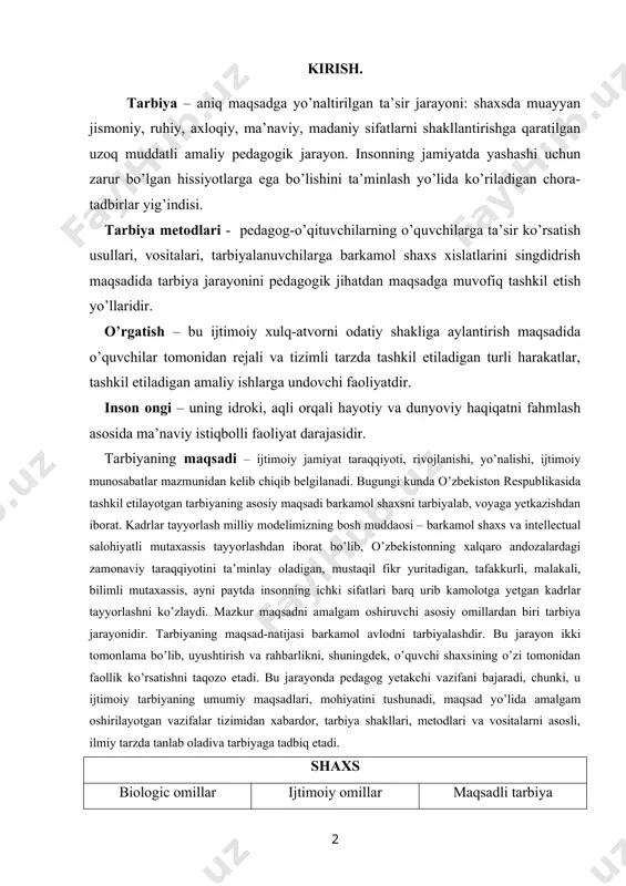 utaxassis, ayni paytda insonning ichki sifatlari barq urib kamolotga yetgan kadrlar tayyorlashni ko’zlaydi. mazkur maqsadni amalgam oshiruvchi asosiy omillardan biri tarbiya jarayonidir. tarbiyaning maqsad-natijasi barkamol avlodni tarbiyalashdir. bu jarayon ikki tomonlama bo’lib, uyushtirish va rahbarlikni, shuningdek, o’quvchi shaxsining o’zi tomonidan faollik ko’rsatishni taqozo etadi. bu jarayonda pedagog yetakchi vazifani bajaradi, chunki, u ijtimoiy tarbiyaning umumiy maqsadlari, mohiyatini tushunadi, maqsad yo’lida amalgam oshirilayotgan vazifalar tizimidan xabardor, tarbiya shakllari, metodlari va vositalarni asosli, ilmiy tarzda tanlab oladiva tarbiyaga tadbiq etadi. shaxs biologic omillar (irsiyat) ijtimoiy omillar (muhit) maqsadli tarbiya mamlakatning moddiy va ma’naviy yuksalishida xalqimizning boy ma’naviy merosga, umumbashariy qadriyatlarga, zamonaviy madaniyatga ega bo’lgan, har tomonlama rivojlangan, mustaqil fikr yuritadigan shaxsni tarbiyalash bugungi kunning dolzarb muammosidir. bu borada qabul qilingan “ta’lim to’g’risida”gi qonun va “kadrlar tayyorlash milliy dasturi”da barkamol avlodni shakllantirish va yuqari malakali mutaxassislarni tarbiyalab voyaga yetkazish bosqichlari, shu bilan birga yuqori malakali mutaxassilar tayyorlashni jahon ta’limi darajasiga ko’tarish asosiy maqsad …