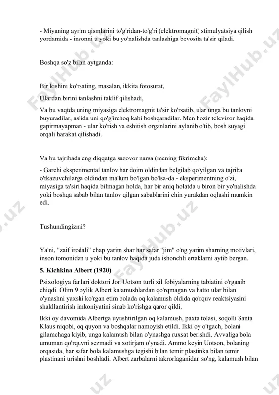 unday odam qaror qabul qilishda katta muammolarga duch keldi. har qanday echim. ikkinchi tajriba kalay va xortekssiz, juda zamonaviy uskunalarda o'tkazildi. hatto elektrodlar ham miyaga joylashtirilmagan - bu qaror qabul qilish va tanlash uchun mas'ul bo'lgan miya qismlarini masofadan turib stimulyatsiya qilish orqali amalga oshiriladi. shunday qilib, tadqiqotchilar ilmiy tadqiqotlar davomida quyidagilarni bajarishni o'rgandilar: - miyaning ayrim qismlarini to'g'ridan-to'g'ri (elektromagnit) stimulyatsiya qilish yordamida - insonni u yoki bu yo'nalishda tanlashiga bevosita ta'sir qiladi. boshqa so'z bilan aytganda: bir kishini ko'rsating, masalan, ikkita fotosurat, ulardan birini tanlashni taklif qilishadi, va bu vaqtda uning miyasiga elektromagnit ta'sir ko'rsatib, ular unga bu tanlovni buyuradilar, aslida uni qo'g'irchoq kabi boshqaradilar. men hozir televizor haqida gapirmayapman - ular ko'rish va eshitish organlarini aylanib o'tib, bosh suyagi orqali harakat qilishadi. va bu tajribada eng diqqatga sazovor narsa (mening fikrimcha): - garchi eksperimental tanlov har doim oldindan belgilab qo'yilgan va tajriba o'tkazuvchilarga oldindan ma'lum bo'lgan bo'lsa-da - …