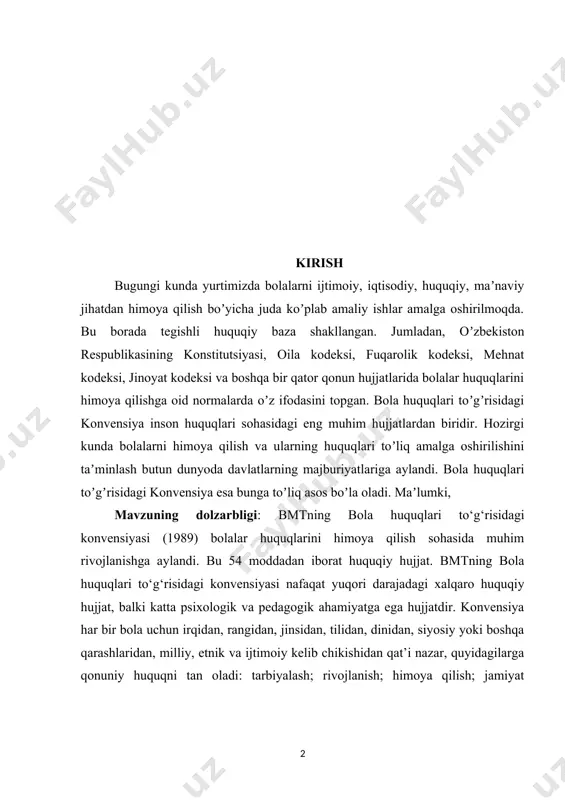 quqlari va majburiyatlari bilan bog‘laydi va ularning hozirgi va kelajagiga ta’sir qiladigan qarorlarda ishtirok etish huquqini beradi. alohida qayd etish kerakki, aholida bola huquqlariga oid huquqiy madaniyatini shakllantirishda hukumat tomonidan qabul qilingan quyidagi dasturiy hujjatlar ham muhim ahamiyatga ega. har-yili qabul qilinadigan davlat dasturlarida yoshlar muammosi doimo diqqat marqazida bo‘lmoqda. ayniqsa,, 2008-yilni “yoshlar-yili”, 2010-yilni “barkamol avlodyili”, 2014-yilni “sog‘lom bola-yili” deb e’lon qilinishi bolalar, yoshlar va ularning tarbiyasi davlat siyosatining bosh masalasi ekanligini ko‘rsatib berdi. ayniqsa,, bu borada mamlakat miqyosida amalga oshirilayotgan turli tadbirlar yoshlarning huquqiy madaniyatini, ularning huquq va erkinliklarini samarali amalga oshirishda muhim ahamiyat kasb etmoqda. maktabgacha yoshdagi bolalar jamiyatning eng himoyaga muhtoj qatlamlaridan biri hisoblanadi. ularning huquqlarini himoya qilish, jismoniy va ma’naviy rivojlanishi uchun qulay sharoit yaratish davlat va jamiyatning ustuvor vazifalaridan biridir. bolalarning to‘laqonli hayot kechirishi, ta’lim olishi, sog‘lom o‘sishi hamda zo‘ravonlik va ekspluatatsiyadan himoyalanishi xalqaro va milliy qonunchilik asosida kafolatlanadi. bmtning bola huquqlari to‘g‘risidagi konvensiyasi hamda …