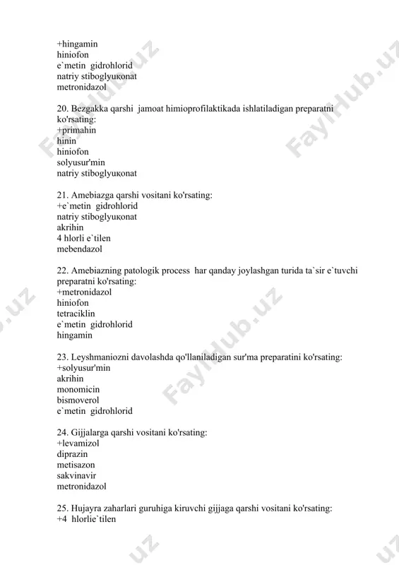 ik analogini ko'rsating: +deksametazon merkazolil tireoidin kaliy perhlorat butamid 47. glyukokortikoidlarni qo'llash uchun ko'rsatma: +revmatizm gipertoniya qandli diabet me`da yara kasalligi miksedema 48. triamsinolonni qo'llash uchun ko'rsatma: +bronxial astma qandli diabet me`da yara kasalligi tireotoksikoz qandsiz diabet 49. glyukokortikoidlarni nojo'ya ta`sirini ko'rsating: +giperglikemiya gipotoniya poliuriya e`shitishning buzilishi ko'rishning pasayishi 50. deksametazonni nojo'ya ta`sirini kuorsating: +mitning shilliқqavatida yara hosil qilish gipotoniya gipoglikemiya poliuriya e`shitishning buzilishi 51. mineralokortikoid vositani ko'rsating: +al'dosteron gidrokortizon e`stron kalsitonin intermedin 52. gestagenlarni qo'llash uchun ko'rsatma: +bola tashlashni oldini olish uchun kollagenozlar tug’ruqni tezlashtirish laktaciyani stimulyaciyalash uchun e`rkaklar jinsiy bezlari gipofunkciyasida 53. suvda e`ruvchi vitamin preparatni ko'rsating: +tiamin retinol ergokalsiferol tokoferol fillohinon 54. o't kislotasi sekvestrantini ko'rsating: +kolestipol lovastatin mevastatin klofibrat fenofibrat 55. kalsiy xloridni qo'llash uchun asosiy ko'rsatma: +allergik reakciyalar yurak glikozidlari intoksikaciyasi oshqozon osti bezi gipofunkciyasi e`kstrasistoliya mercatel aritmiya 56. magniy sul'fatga hos hususiyatlarni ko'rsating: +surgi vosita psihostimulyatorlik gastroprotektorlik spazmogen gipertenziv 57. nosteroid yalig’lanishga qarshi vositani …
