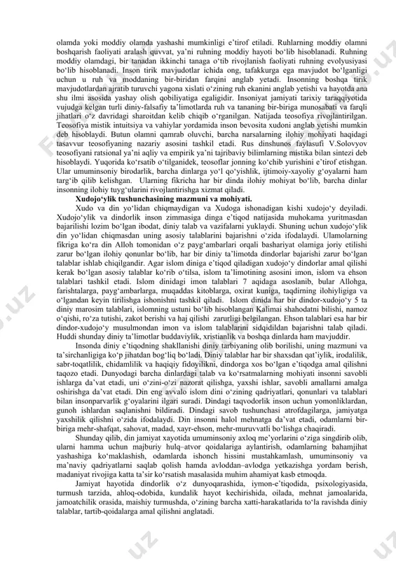 or qaratiladi. dinning ko‘zga ko‘rinuvchi, tashqarida aks etuvchi jihatlarini o‘rganuvchi ilm sohasi “din fenomenologiyasi” deyiladi. din fenomenologiyasi turli dinlarning ibodat va marosimlarini, muqaddas joy, zamon, narsa va shaxsiyatlarini tadqiq qilib, mushtarak jihatlarini topishga harakat qiladi. din sotsiologiyasining asosiy mavzusi, jamiyatning asosiy shakllari va dinning tashqi ko‘rinishlari bilan ijtimoiy jarayonlar, ularning tuzilishi va qonuniyatlarini o‘rganishdan iboratdir. din sotsiologiyasi, jamiyat va diniy ilmlarning taraqqiyotini o‘zaro bog‘liqlikda o‘rganadi. dinshunoslikning yana bir sohasi, din psixologiyasi insonga oid bo‘lgan diniy hayotning turli jihatlarini psixologik jihatdan o‘rganadi. din psixologiyasi dinning psixologik jihatini, shaxsning diniy tajribasini va bu tajribaning turli ko‘rinishlarini bayon qilishga harakat qiladi. din psixologiyasi diniy tajribadan boshlagan holda inson turlarini atroflicha o‘rganib, buyuk diniy shaxsiyatlarning ichki hayotlari bilan qiziqqan holda ularning ruhiy holatlari bilan shug‘ullanadi. insonning diniy his-tuyg‘usi va yashash tarzi din psixologiyasining asosiy mavzusi bo‘lib hisoblanadi. din psixologiyasi insonda din tuyg‘usi va hissiyotining qanday qilib kelib chiqqanligi va shakllanishini o‘rganadi. din falsafasi tushunchasi …