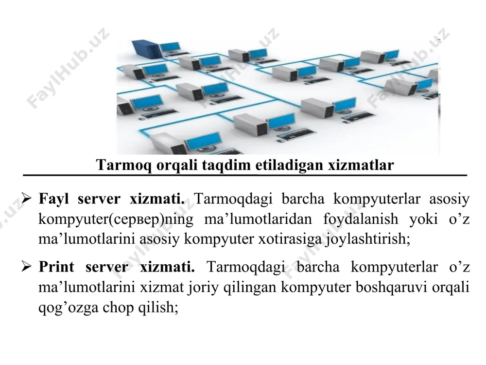 kliеnt sеrvеr yoki bir turli аrхitеkturаdаn fоydаlаnаdi. tаrmоqlаr оpеrаtsiоn sistеmаlаrining ro’yхаti оpеrаtsiоn tаrmоq ishlаb chiqаruvchi apple talk apple lan tastic artisoft net ware novell net ware line novell personal net ware novell nfs sun microsyctems os2 lan manager microsoft os2 lan server ibm windows ntadvanced server microsoft power fusion performance technology power lan performance technology vines banyan lokal tarmoq arxitekturasi: lokal va global tarmoqlarning farqini aniqlamoq uchun, avval, ularning vazifalari, arxitekturasi bilan tanishib chiqamiz. lokal tarmog’ida kompyuterlar orasidagi masofa bir necha metrdan bir necha yuz metrni tashkil etadi. lokal tarmoq markaziy kompyuter – serverdan va ishchi stantsiyalardan tashkil topgan. lokal tarmoqlarda axborotlar faqatgina ikki yo’nalishda, ishchi stantsiya va serverlar orasida xarakatlanadi. lokal hisoblash tarmoqlari katta takomillarda axborotlar, hujjatlarni almashtirish uchun ishlatiladi. asosan bitta binoda joylashadi, foydalanuvchilar umumiy ma’lumotlardan foydalanib, birgalikda masalalarni bajaradi. lokal tarmoq–kabellar vositasi yordamida o’zaro bog’langan bir necha kompyuterlar guruhidan tashkil topgan. lokal tarmog’idan foydalanish quyidagilarni amalga oshiradi: …