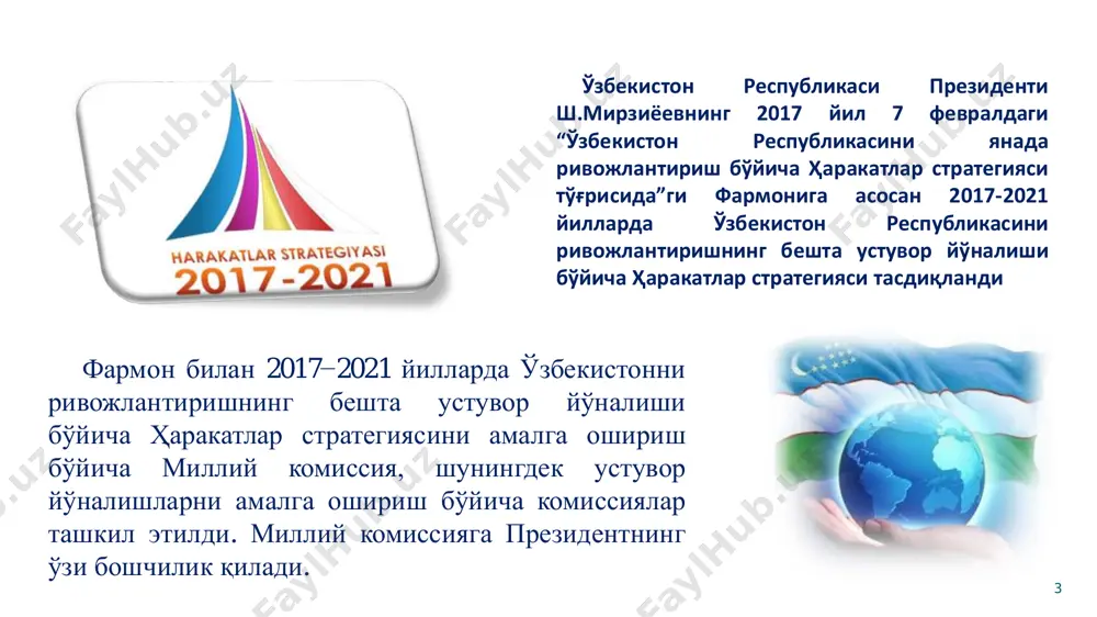 ат ва хусусий шериклик тўғрисида»ги ўзбекистон республикаси қонуни «давлат бошқаруви асослари тўғрисида»ги ўзбекистон республикаси қонуни «маъмурий тартиб-таомиллар тўғрисида»ги ўзбекистон республикаси қонуни «давлат хизмати тўғрисида»ги ўзбекистон республикаси қонуни 8 10-банд: ўзбекистон республикасида маъмурий ислоҳотлар концепцияси ишлаб чиқиш 39-банд:эҳтиёж юқори бўлган давлат хизматларини кўрсатувчи давлат идораларида электрон навбатга қўйиш тизимини жорий қилиш. 25-банд: давлат хизматига замонавий фикрлайдиган, ташаббускор, масъулиятли, касбий тайёрланган кадрларни жалб этиш 28-банд: юқори малакали кадрларни чет элга кетиб қолишининг олдини олиш, уларни давлат хизматига, иқтисодиёт тармоқларига кенг жалб қилиш бўйича чора-тадбирлар дастури лойиҳасини ишлаб чиқиш. 9 i. давлат ва жамият қурилиши тизимини такомиллаштиришнинг устувор йўналишлари 1. • халқ билан самарали мулоқот механизмларини жорий этиш; 2. • жамоатчилик назоратини амалга оширишнинг замонавий шаклларини ривожлантириш, ижтимоий шерикликнинг самарасини ошириш; 3. • фуқаролик жамияти институтларини ривожлантириш, уларнинг ижтимоий ва сиёсий фаоллигини ошириш; 4. • маҳалла институтининг жамият бошқарувидаги ўрни ва фаолияти самарадорлигини ошириш; 5. • оммавий ахборот воситаларининг ролини кучайтириш, журналистларнинг профессионал …