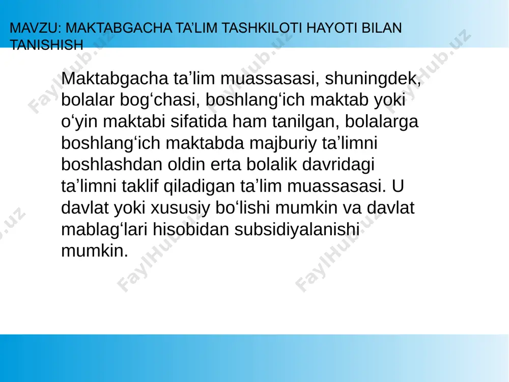 m ahamiyat kasb etadi. mamlakatimizda yoshlarning kelajagiga qaratilayotgan e’tibor, ta’lim tizimida istiqbolli dasturlar asosida olib borilayotgan amaliy ishlar vatan, jamiyat taraqqiyoti yo‘lida mustahkam poydevor bo‘lib xizmat qiladi. maktabgacha ta’lim tashkilotlari maktab yoshigacha bo‘lgan bolalarning savodini chiqarish, ularda vatanni sevish, u bilan g‘ururlanish hissini uyg‘otish, dunyoqarashini kengaytirish imkonini beradi. zamonaviy bog‘chalarda ta’lim-tarbiya olayotgan o‘g‘il-qizlar jamiyatga munosib inson bo‘lib ulg‘ayishadi. payariq tumanida 2019-yil davlat xususiy sherikchilik asosida “manzurabonu” va “davlatbek ko‘zmunchog‘i” nomli nodavlat maktabgacha ta’lim tashkilotlari tashkil etilib, bolajonlarni maktab ta’limiga qamrab olgan edi. har ikkala bog‘chada ham 150 nafardan jami 300 nafar jajjilar zamonaviy shart-sharoitlarda ta’lim-tarbiya olishyapti. mashg‘ulot xonalari, oshxona yangicha uslubda jihozlangan. bu yerda bolajonlarning dastlabki bilim va ko‘nikmalarini shakllantirish uchun barcha zarur qulayliklar yo‘lga qo‘yilgan. guruhlar kuzatuv kameralari bilan ta’minlangan. yurtimizda yoshlarning kelajagiga qaratilayotgan e’tibor, ta’lim tizimida istiqbolli dasturlar asosida olib borilayotgan amaliy ishlar vatan, jamiyat taraqqiyoti yo‘lida mustahkam poydevor bo‘lib xizmat qiladi. bu yerda istiqomat qiluvchilarning quvonchi cheksiz. …