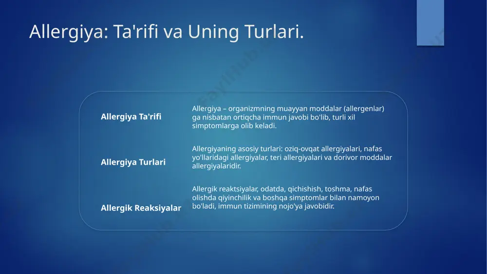 antialerjiy vositalar, allergenlar bilan bog'liq immun tizimining faolligini pasaytirish orqali ishlaydi, bu esa allergik simptomlarni kamaytiradi. 3 antihistaminlar antihistaminlar, histaminning ta'sirini blokirovka qilib, allergik reaksiyalarni kamaytiradi va burun oqishi, qichishish kabi simptomlarni yengillashtiradi. 4 kortikosteroidlar kortikosteroidlar, yallig'lanishni kamaytiruvchi kuchli vositalar bo'lib, allergik reaktsiyalarni nazorat qilishda muhim rol o'ynaydi, bu esa xavfli holatlarni oldini oladi. biologik yo'llar: antihistaminlarning roli va ta'siri. 1 antihistaminlarning ta'rifi antihistaminlar, allergik reaktsiyalarni kamaytirish uchun immun tizimining histamin ishlab chiqarishini inhibe qiluvchi dori vositalaridir. 2 ta'sir mexanizmi antihistaminlar, h1-reseptorlarga bog'lanib, histaminning ta'sirini bloklaydi, bu esa allergik simptomlarni kamaytiradi va yengillashtiradi. 3 klinik qo'llanilishi antihistaminlar, burun oqishi, qichishish va ko'z yallig'lanishi kabi simptomlarni davolashda keng qo'llaniladi, shuningdek, allergik astma uchun ham foydalidir. allergik reaktsiyalardagi immun javob va uning mexanizmlari. allergik reaksiyalar allergik reaktsiyalar, organizmning allergenlarga nisbatan immun javobi bo'lib, histamin va boshqa kimyoviy moddalar chiqarilishidan kelib chiqadi. immun tizim roli immun tizimi allergenlarga qarshi kurashish uchun mast hujayralar …