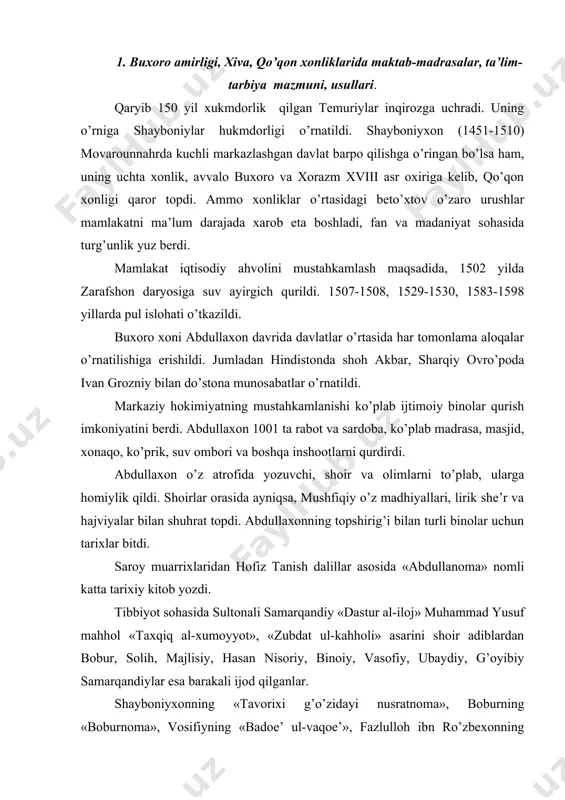 y, ubaydiy, g’oyibiy samarqandiylar esa barakali ijod qilganlar. shayboniyxonning «tavorixi g’o’zidayi nusratnoma», boburning «boburnoma», vosifiyning «badoe’ ul-vaqoe’», fazlulloh ibn ro’zbexonning «mehmonnomayi buxoro» kabi yirik badiiy asarlarda o’sha davr ijtimoiy, mafkuraviy, adabiy, ma’rifiy hayoti o’z aksini topgan. xvii-xviii asrlarda me’morchilik sohasida ko’plab inshootlar bunyod etildi. buxoroda imomqulixonning nufuzli katta amaldorlaridan nodir devonbegi shahar ko’rkiga ko’rk qo’shuvchi masjid, hovuz, madrasalardan iborat katta me’moriy ansambl qurildi. nodir devonbegi bunday tashqari, samarqanddan 4 chaqirim, janubdan xo’ja ahror qabri oldiga madrasa va nomozgoh ham bino qildirdi. mazkur davrda muhammad balxiyning 5000 baytdan iborat «subhonqulixonnoma», mirmuhammad vali samarqandiyning 200 nafar adabiyot arboblari tarjimai holiga ma’lumotlar beruvchi «muzakkirul asxob» nomli asari sayido nasafiyning naqshbandiyga bag’ishlab yozgan she’rlar, qasidalari, so’fi olloyor va boborahim mashrabning tangriga bo’lgan muhabbatlarini ifodalovchi she’rlari, borliq, mavjudot, inson, mahbub, moddiy dunyo, noz-ne’matlardan bahramand bo’lish, shariat, tariqat, ma’rifat va haqiqatga amal qilish haqidagi asarlari yuzaga keldi. bu davrda ijtimoiy hayotning barcha jabhalarida diniy mafkura hukmron …