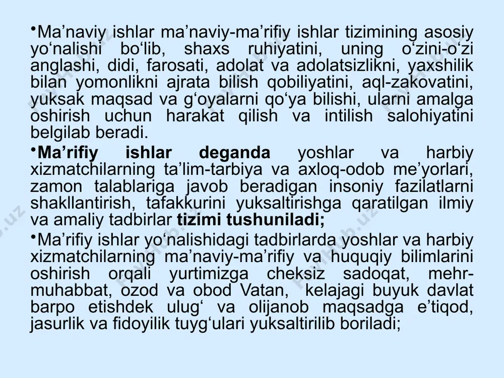 oylarida, haftaning dushanba, chorshanba va juma kunlari mashg‘ulotlarga tayyorgarlik, mustaqil tayyorgarlikning 1-2 o‘quv soatlarida oliy ta’lim muassasalariga o‘qishga kirishga tayyorgarlik ko‘rish uchun muddatli harbiy xizmatchilar bilan tasdiqlangan umumiy 190 soatli o‘quv mashg‘ulotlari dasturi asosida o‘tkaziladi. - qushilma harbiy qism va muassasalardagi ofitserlar, shuningdek, shartnoma bo‘yicha harbiy xizmatchilar tarkibiga mansub serjantlar va oddiy askarlar hamda muddatli harbiy xizmatchilar, shuningdek, qurolli kuchlar ishchi va xizmatchilari bilan ma’naviy-ma’rifiy tayyorgarlik mashg‘ulotining dastlabki 10 daqiqasi davomida; - safarbarlik chaqiruvi rezervi batalyonlaridagi xizmatchilar hamda ofitserlar, shartnoma bo‘yicha harbiy xizmatni o‘tayotgan serjant va oddiy askarlar tarkibi bilan ma’naviy-ma’rifiy tayyorgarlik mashg‘ulotining dastlabki 10 daqiqasi davomida; tezkor-axborot: - qurol-aslaha va texnika saqlash, ta’mirlash va ta’minot xizmati bilan bog‘liq harbiy qism va muassasalar, o‘quv markazlari (dala o‘quv maydonlari)da xizmat o‘tayotgan barcha harbiy xizmatchilar bilan ma’naviy-ma’rifiy tayyorgarlik mashg‘ulotining dastlabki 10 daqiqasi davomida; - oliy harbiy ta’lim muassasalari professor va o‘qituvchilari tarkibi, shartnoma bo‘yicha harbiy xizmatni o‘tayotgan serjant va oddiy askarlar tarkibi …