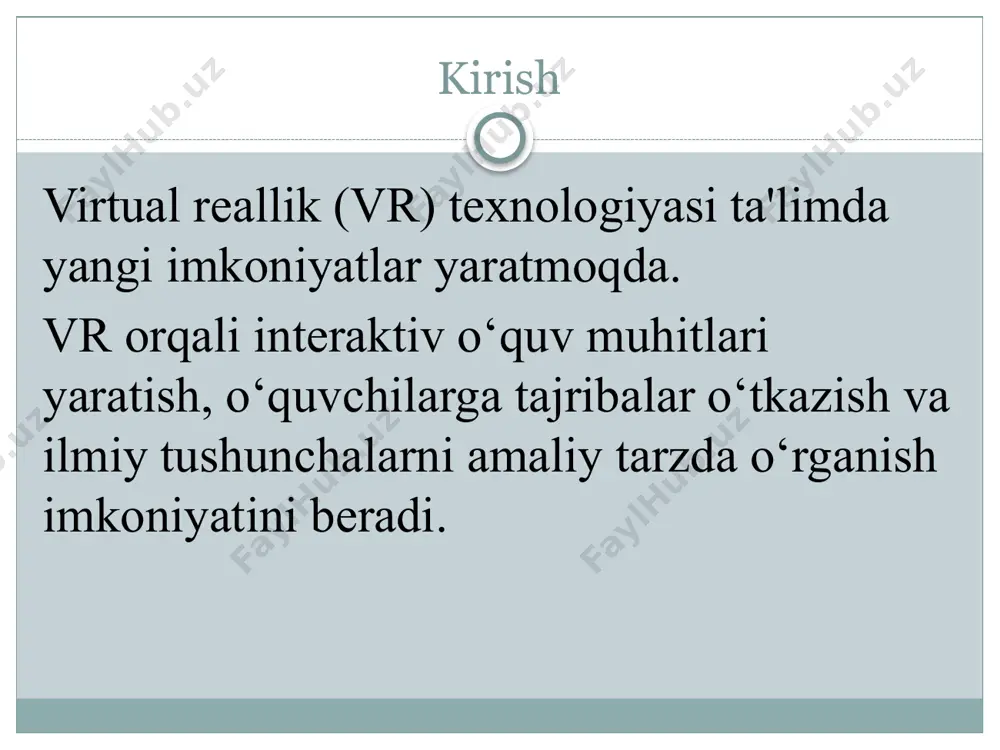 vchilar vrda kuchlar, tezlik va energiya o‘zgarishlarini ko‘rib, ularga amaliy tajriba qilishlari mumkin. masalan, vrda yuk ko‘tarish yoki turli ob'ektlar bilan o‘yinlar orqali kuch va tezlikni o‘rganish. misol: vrda mashinani quvvatlanish jarayonlarini ko‘rsatish va ob'ektlarning tezligini kuzatish. vrda biologiya tajribalari biologik jarayonlarni ko‘rish:o‘quvchilar biologik jarayonlarni (masalan, hujayra bo‘linishi, fotosintez) vrda real vaqt rejimida ko‘rishlari mumkin.misol: o‘simliklar fotosintez jarayonini vrda ko‘rish, turli yoritish sharoitlarida o‘sishining farqini o‘rganish. vrda astronomiya tajribalari kosmosni o‘rganish:vr orqali kosmik sayohat va yulduzlararo harakatni o‘rganish. sayyoralar, yulduzlar va galaktikalarning tuzilishini o‘rgatish uchun vr simulyatsiyalarini ishlatish. misol: vrda butun kosmosni ko‘rish va sayyoralarning harakatlarini kuzatish interaktiv o‘quv muhitlari yaratish o‘quvchilarni faol ishtirokchiga aylantirish: vr ta'lim muhitida o‘quvchilar o‘rganayotgan materialga qarshi savollar, masalalar bilan shug‘ullanishadi. interaktiv vr platformalar yordamida bilimlarni mustahkamlash. misol: virtual tarixiy joylarni ziyorat qilish, o‘quvchilar o‘sha joydagi tarixiy voqealarni interaktiv ravishda o‘rganishadi. vrda ta'limni integratsiya qilish vr texnologiyalarini ta'lim tizimiga kiritish: oculus rift, htc vive kabi …
