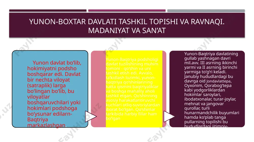 akropolini qurish imkoniyati bor edi. shuningdek, shaharning qishloq xo‘jalik mahsulotlari bilan ta’minlab turuvchi juda katta serhosil tekislikka tutashib ketganligi ham iqtisodiy taraqqiyotni ta’minlar edi. pliniy marg‘iyonaning markaziy shahri haqida shunday ma’lumot beradi: «unda aleksandr aleksandriyaga asos soldi, ammo varvarlar bu shaharni vayron qildilar. salavkning o‘g‘li antiox bu shaharni xuddi shu joyda qayta tikladi. ... u shaharga o‘z nomini berishni lozim topdi». bunday xabar strabon asarida ham uchraydi. yozma manbalar ma’lumotlarini arxeologik tadqiqotlar ham tasdiqlaydi bu davrdagi yirik shaharlardan yana biri maroqanda (samarqand) bo‘lib uning mustahkam qal’asiga ahamoniylar davridan (afrosiyob) avval asos solinganligi bizga ma’lum. afrosiyob mustahkam himoya devorlari bilan o‘rab olingan edi. shaharning mudofaa tizimi aleksandr qamaliga ham dosh bergan. arxeologik tadqiqotlar natijalariga ko‘ra, afrosiyobning umumiy maydoni 219 gektar bo‘lib, kursiy ruf maroqandaning mudofaa devorlari o‘zunligini 70 stadiy (taxm. 12 km.) deb ma’lumot beradi. shahar mustahkam qal’aga ega va mudofaa devorlari bilan o‘ralgan image1.png image2.png image3.svg image4.jpg image5.webp image6.png image7.jpg …