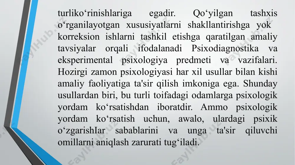 sinaluvchi kishilar guruhlarini taraqqiyot darajasi natijasiga asoslanib kelajakdagi ishlar uchun toifalarga ajratish; u yoki bu topshiriqlarni bajara olishiga qarab individ guruhlaming yaroqliligini aniqlash, masalan o‘z xizmat vazifasini bajara olishda kasbiy tayyorgarligini tekshirish; psixokorreksion ishlar olib borish maqsadida individ guruhning ijtimoiy me'yorga mos yoki mos emasligini aniqlash; individ yoki guruhning kelajak hayot yoiiga yordam berish maqsadida tavsiyalar ishlab chiqish. yuqorida sanab o‘tilgan vazifalar psixodiagnostika fani uchun umumiy hisoblanadi. bu vazifalardan aksariyati maktabgacha tarbiya muassasalarida va maktab ta'limida har xil yoshdagi bolalarga mos ravishda olib boriladigan ish jarayonlarida u bu darajada hal qilinadi. psixodiagnostika xususiy jihatdan quyidagi vazifalarni amalga oshiradi: bolatug‘ilgandan boshlab maktab ta'lim jarayoniga tayyorgarligi, yosh davrlarining psixologik taraqqiyot dinamikasini o‘rganadi (bilish jarayonlari, intel- lektual qobiliyatlari, shaxs sifatlari hamda shaxslararo munosabatlarini). bunda har bir bolaga maxsus psixodiagnostik kartochka to‘ldiriladi va uning rivojlanish ko'rsatkichlari har oyda yoki yilda qayd qilinib boriladi; har bir bolaning psixik va xulqiy rivojlanishidagi individual qobiliyatlarini tekshirish, uning …