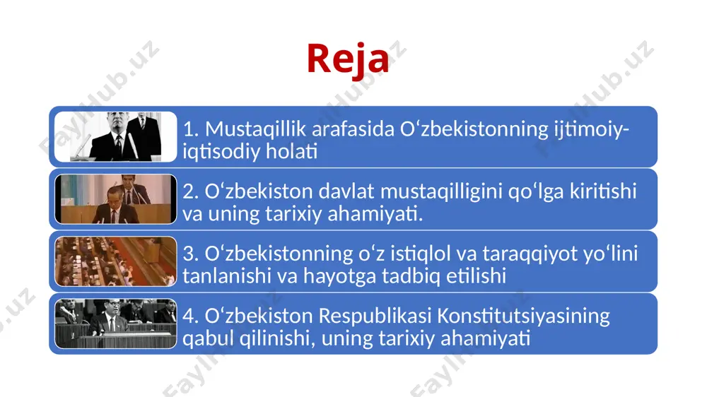 da"gi o‘zssr qonuni, 1991 yil 25 oktyabrda qabul qilingan vazirlar mahkamasining "o‘zbekiston respublikasining ichki ishlar vazirligi to‘g‘risida"gi qarorlari muhim ahamiyat kasb etdi. 1991 yil 15 fevralda o‘zbekiston oliy kengashi «o‘zbekistonning davlat ramzlari to‘g‘risida» maxsus qaror qabul qildi. o‘zbekiston prezidentining 1991 yil 25 avgustdagi farmoniga binoan respublika ichki ishlar vazirligi va davlat xavfsizligi qo‘mitasi qonuniy ravishda o‘zbekiston respublikasi tasarrufiga olindi. respublika hududida joylashgan sssr ichki ishlar vazirligining ichki qo‘shinlari bevosita o‘zbekiston prezidentiga bo‘ysundirildi. o’zbekiston ssrda prezidentlik institutining joriy etilishi (1990 yil 24-mart) “mustaqillik deklaratsiyasi” ning qabul qilinishi 1990 yil 20-iyun 1990-1991-yillar davomida… 1991 yil fevral - mart oylarida ittifoq shartnomasi loyihasi ustida ishlashning ikkinchi bosqichi bo‘lib o‘tdi. unda boltiqbo‘yi respublikalari, gruziya, armaniston, moldova vakillari qatnashmadi, ozarbayjon kuzatuvchi bo‘lib qatnashdi. bu bosqichda ittifoq bilan respublikalar vakolatlarini farqlab qo‘yishga harakat qilindi. 1991 yil aprelda kiyevda ukraina, rossiya, belarus, o‘zbekiston, qozog‘iston respublikalari rahbarlarining uchrashuvi bo‘ldi. uchrashuvda mustaqil respublikalar manfaatlariga mos keladigan ittifoq shartnomasini tuzishga …