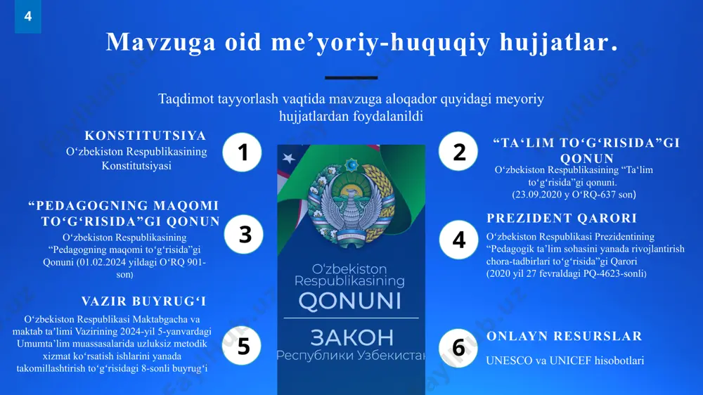zelandiya kabi mamlakatlarda yuqori salohiyatli oʻqituvchilar uchun maxsus imtiyozlar va bonuslar mavjud. bu imtiyozlar oʻqituvchilarga dam olish va arzonlashtirilgan narxlarda mahsulotlar sotib olishga imkon beradi maktablarda salohiyatli oʻqituvchilarni erishgan yutuqlarini doim tahlil qilib borish va munosib ragʻbatlantirishni tashkil qilish. 2 oʻqituvchilarni sogʻliqlarini tiklash maqsadida kasaba uyushmasi tomonidan sanitoriyalarga yoʻllanmalar beriladi. yaponiya oʻqituvchilar uchun sogʻliqni saqlash va farovonlik dasturlari mavjud, bu ularning ishdagi stressini kamaytirishga yordam beradi. ta’lim sohasida yaxshi natija koʻrsatayotgan oʻqituvchilarni byudjetdan tashqari tushgan mablagʻlar hisobidan dam olishga va sayohatlarga borishlariga imkoniyat yaratish. 3 salohiyatli oʻqituvchilarga katta e’tiborlar berilib “xalq ta’limi a’lochisi” koʻkrak nishonlariga tavsiya etilmoqda. aqshda oʻqituvchilar uchun mukofotlar va tan olish tizimlari mavjud. bu tizimlar oʻqituvchilarni qoʻllab-quvvatlash va ularning mehnatini qadrlashga qaratilgan. maktabda yuqori natijalarni koʻrsatayotgan oʻqituvchilarni davlat mukofotlariga tavsiya qilish va budjetdan tashqari mablagʻlar hisobidan hamda direktor jamgʻarmasi hisobidan ragʻbatlantirish. 10 xulosa maktabdagi yuqori salohiyatga ega xodimlarni aniqlash va ularning ish unumdorligini oshirishning aniq mexanizmlarini ishlab …
