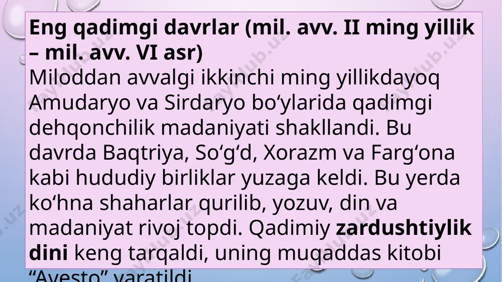‘bek mashhur olim sifatida tanilib, samarqandda rasadxona qurdirib, astronomiya fanini rivojlantirdi. shayboniylar davlati (xvi asr) xvi asr boshida dashti qipchoqdan kelgan muhammad shayboniyxon movarounnahrni egallab, samarqand va buxoroda hokimiyatni qo‘lga oldi. natijada shayboniylar davlati tashkil topdi. bu davrda movarounnahrda o‘zbek qabilalari asosiy siyosiy kuchga aylandi. shayboniylar davlati davrida siyosiy barqarorlik tiklandi, islom dini mustahkamlandi, savdo va madaniyat rivoj topdi. keyinchalik bu davlat oʻz navbatida ashtarxoniylar va mang‘itlar hukmronligiga yo‘l ochib berdi. oʻzbekiston hududida davlatchilik tarixi juda qadimiy ildizlarga ega. baqtriya, so‘g‘d, xorazm kabi qadimiy davlatlardan tortib, kushonlar, turk xoqonligi, somoniylar, xorazmshohlar, temuriylar va shayboniylargacha boʻlgan jarayonlar mamlakatimiz tarixida chuqur iz qoldirgan. bu davlatlar orqali oʻzbekiston xalqlari sharq va gʻarbni bog‘lovchi savdo markazlari, madaniyat va ilm-fan o‘choqlari sifatida dunyo tamadduniga ulkan hissa qo‘shgan. xvi asrga kelib shayboniylar davlati tashkil topishi bilan o‘zbek davlatchiligi yangi bosqichga ko‘tarildi. e’tiboringiz uchun rahmat! image3.png image1.png /docprops/thumbnail.jpeg