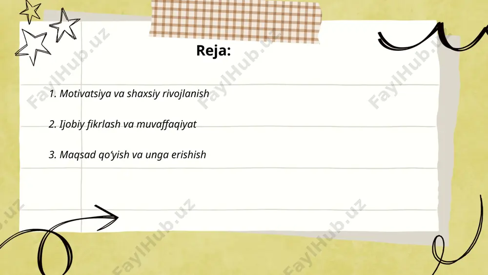 va 84% esa umuman maqsadsiz ekani aniqlandi. 10 yil o‘tgach, yozib qo‘yilgan maqsadlari bor talabalarning daromadi yozib qo‘yilmaganlardan 10 baravar yuqori bo‘lgani ma'lum bo‘ldi. smart (specific, measurable, achievable, relevant, time-bound) metodi orqali maqsadlarni aniq belgilash tavsiya etiladi. shu yondashuv maqsadlarga erishish ehtimolini oshiradi va vaqtni samarali boshqarishga yordam beradi. ... t.me/slaydai_bot 4. muvaffaqiyatli odatlarni shakllantirish muvaffaqiyatli odatlar shakllantirish insonning irodasini mustahkamlash uchun muhim. tadqiqotlar shuni ko'rsatadiki, yangi odatni shakllantirish uchun taxminan 21 kun kerak bo'ladi, ammo ba'zi murakkab odatlar uchun bu 66 kun yoki undan ko'proq vaqtni olishi mumkin. odatlar odatda kunlik amaliyot va muntazamlik orqali rivojlanadi. muvaffaqiyatli odatlar shakllantirish uchun smart maqsadlar (aniq, o'lchanadigan, amalga oshiriladigan, dolzarb va vaqt belgilangan) qo'yish tavsiya etiladi. tadqiqotlar, shuningdek, ijtimoiy qo'llab-quvvatlash odatlarning muvaffaqiyatli shakllanishiga ta'sir qilishini ko'rsatadi. yangi odatni qabul qilishning asosiy ko'rsatkichi to'xtamasdan qayta-qayta shu narsani amalda qo'llashdan iborat. ... t.me/slaydai_bot motivatsiyaning psixologik sabablari insonning ichki va tashqi omillariga bog‘liq. ichki motivatsiya …