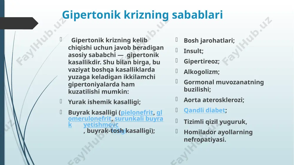 latiladi, masalan, drotaverin. miya qon aylanishini yaxshilash uchun eufillin ishlatiladi. gipertonik krizlarda shuningdek diuretiklar ham samaralidir. statsionar sharoitida ishlatiladigan ko’plab dorilar aniq dozalashni talab qiladi va faqatgina malakali shifokorlar tomonidan berilishi mumkinligini yodda tutish kerak. bunday preparatlarni uy sharoitida, mustaqil qabul qilish fojiali oqibatlarga olib kelishi mumkin. gipertonik kriz paytida tinchlanish uchun validol tabletkasini, korvalol yoki valokardin tomchilarini, valeriana damlamasini qabul qilish kerak. bundan tashqari, bemor nafasni me’yorga keltirishi, uni bir tekis qilishi kerak. buning uchun, bir necha marta chuqur nafas olib chiqarish lozim. yordam ko’rsatishning boshqa usullari gipertonik krizda yotgan holatni egallash kerak. yurish va ba’zi jismoniy harakatlar qilinishi mumkin emas. ensaga sovuq kompress qo’llanilishi mumkin. bunday vaziyatda bemorga suyuqlik ichish tavisya etilmaydi, chunki suv qayt qilishga olib kelishi, u esa o’z navbatida qon bosimining yanada oshishiga olib kelishi mumkin. bundan tashqari, organizmdagi ortiqcha suyuqlik o’z-o’zidan bosimni oshiradi. agar bemorda nafas olishni qiyinlashitradigan tor yoki bo’yinni qisuvchi kiyim bo’lsa, …